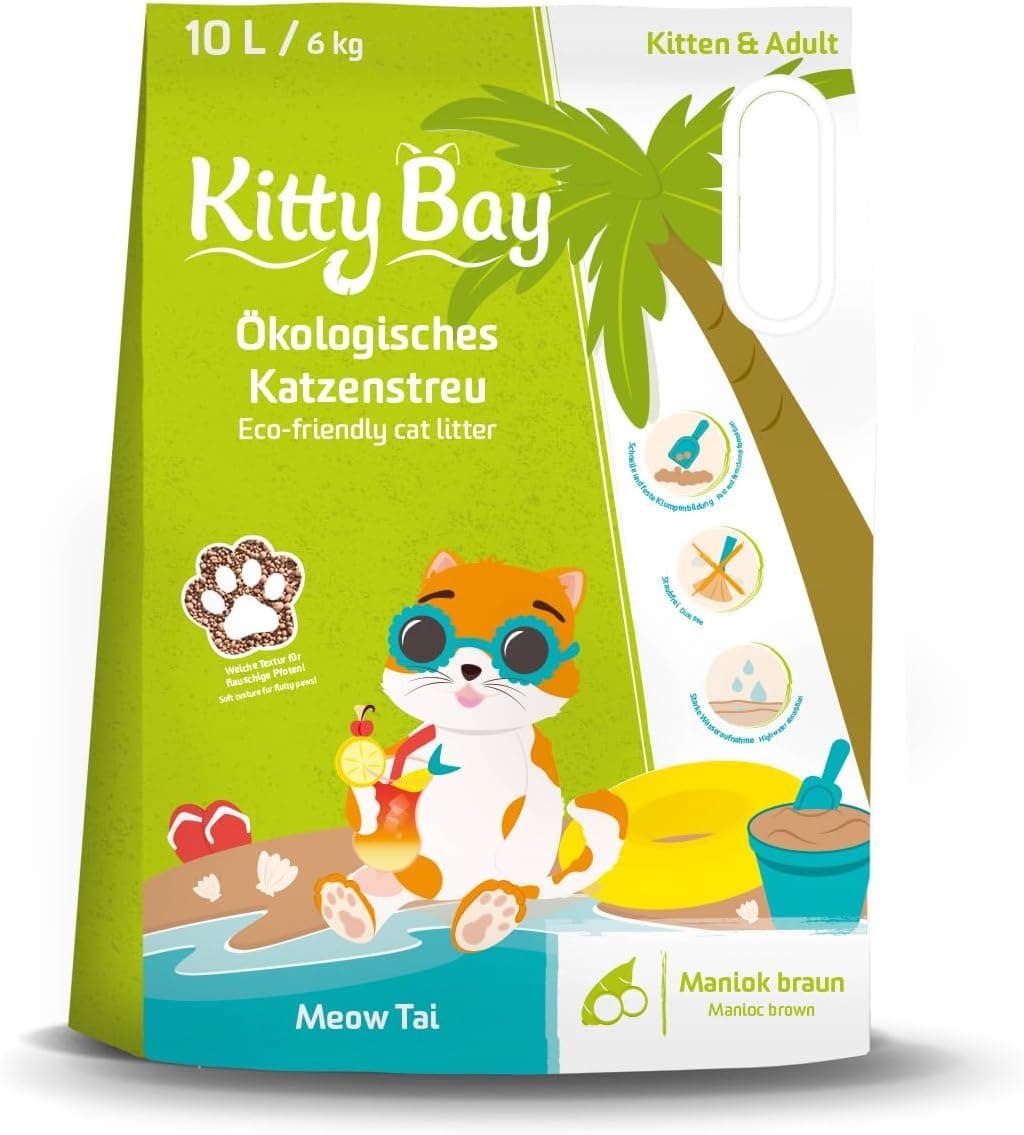 Kitty Bay Meow Tai Areia para gatos ECO aglomerante e sem pó, castanho mandioca, 10 litros