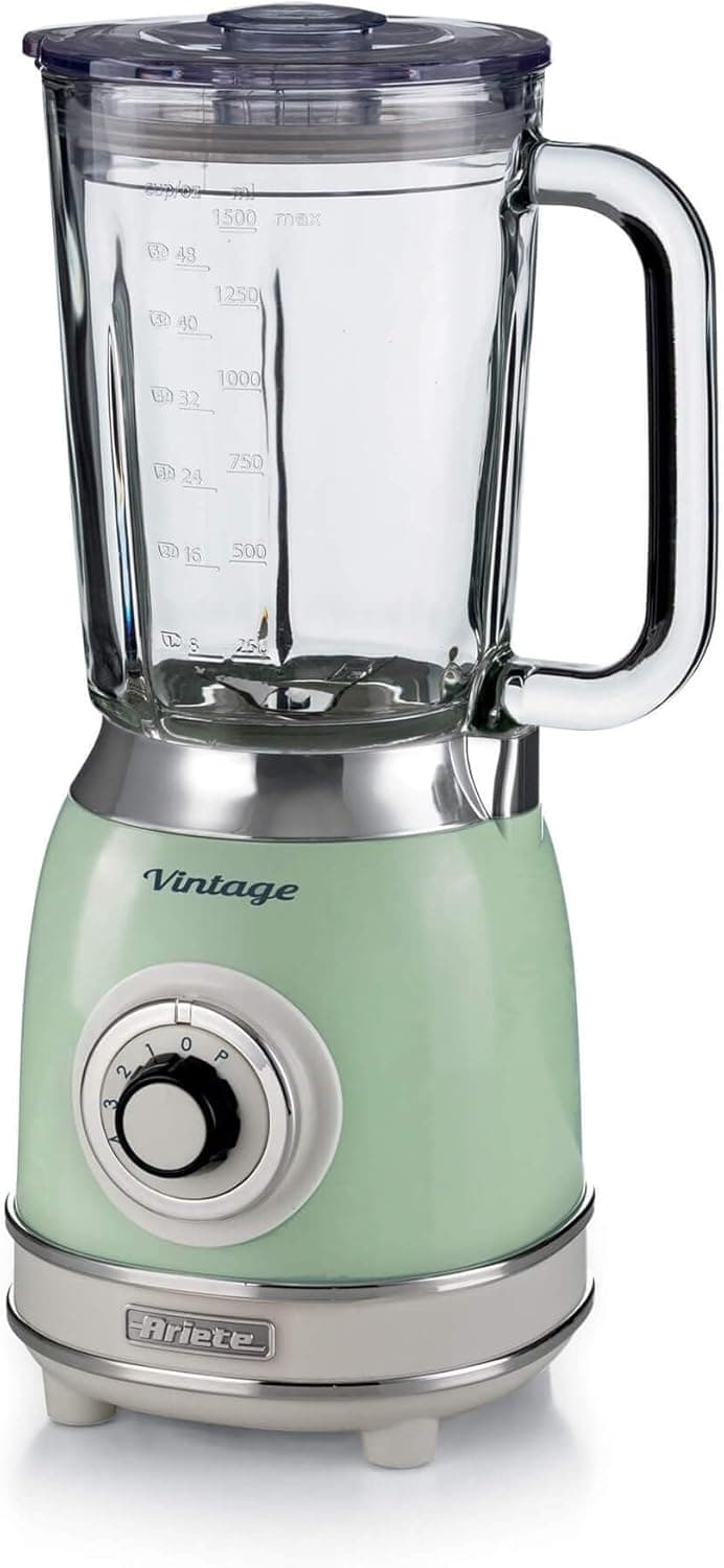 Ariete Liquidificadora de copo vintage, 1000 W, jarro de vidro de 1,5 l, 4 lâminas de aço inoxidável, 4 velocidades, função de pulso, verde