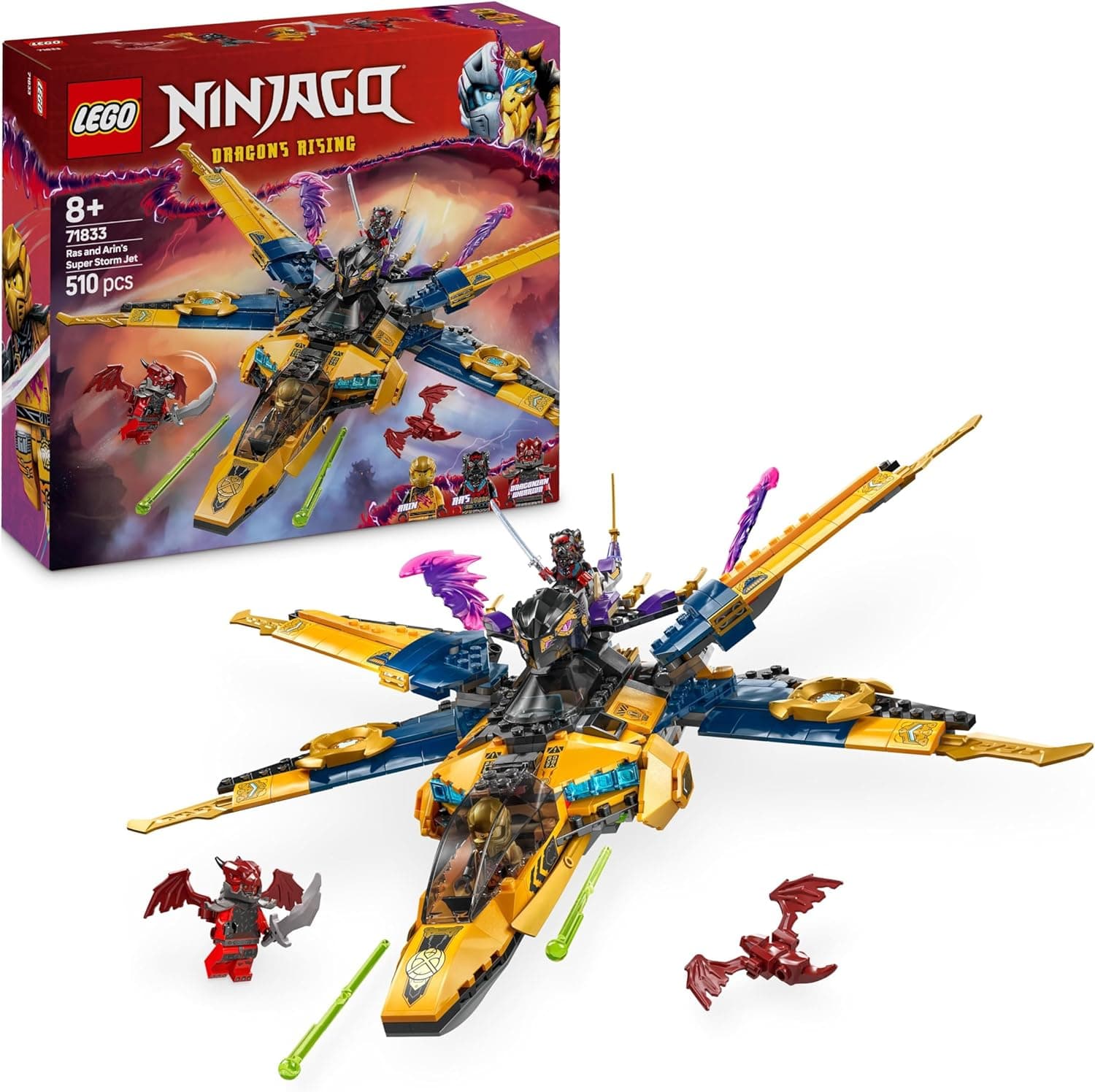 LEGO Ninjago Super Jet da tempestade de RAS e Arin, brinquedo de construção com drone desmontável, veículo combinado com 3 minifiguras