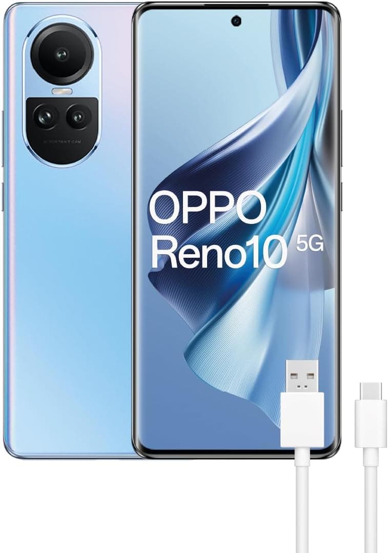 OPPO Reno10 5G - Smartphone livre, 8 GB + 256 GB, ecrã AMOLED 6,7", câmara 64 8 + 32 MP, Android, bateria 5000 mAh, carregamento rápido 67 W - azul