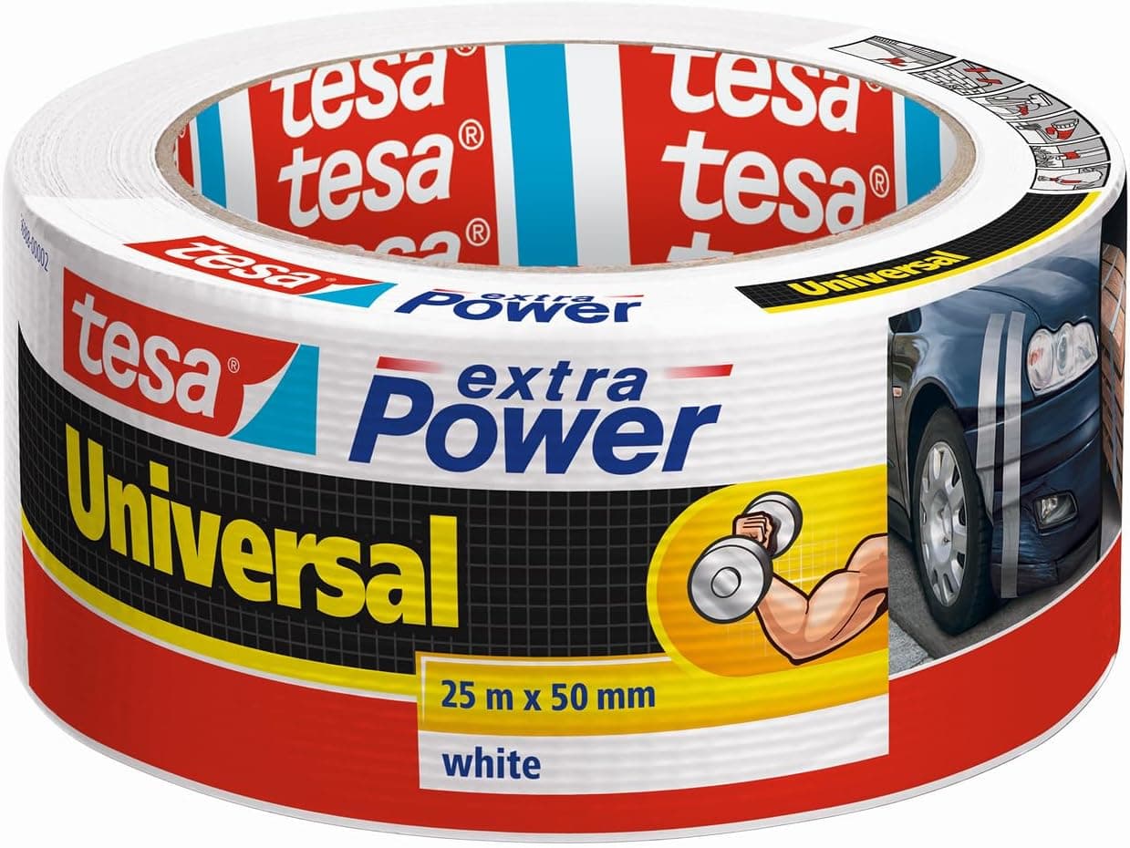 tesa Fita adesiva universal Extra Power - Céu autocolante com fixação extra forte, fita multiusos versátil para reparações, fixação, vedação e muito mais, branco, 1 rolo, 25 m x 50 mm