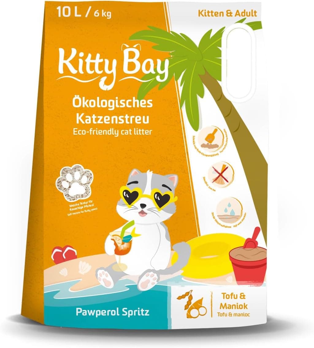Kitty Bay Pawperol Spritz Areia para gatos ecológico aglomerante, sem poeira, tofu e mandioca, 10 litros