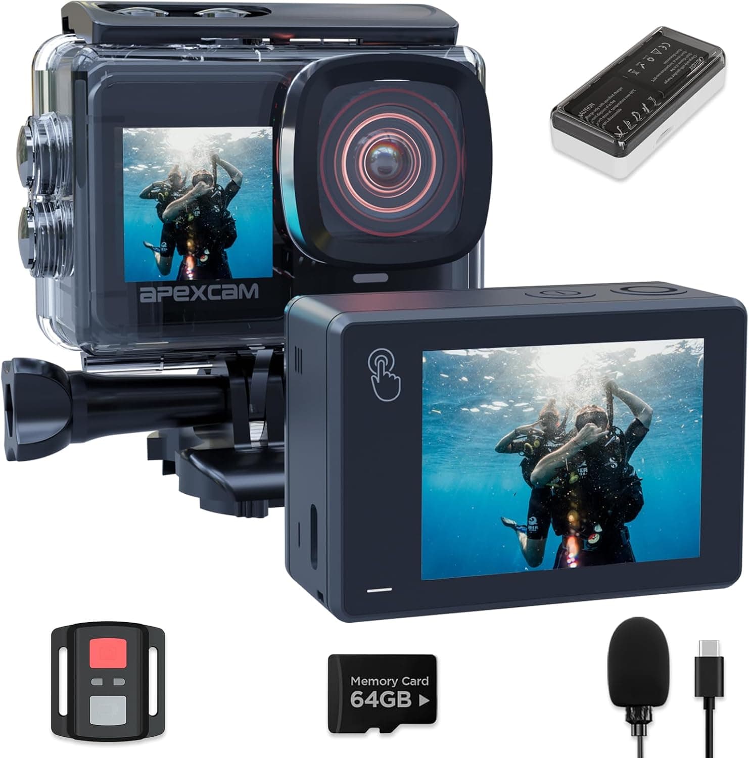 Apexcam X80pro | Câmara desportiva 4K com ecrã duplo, cartão 64GB, controlo remoto e resistência à água até 40 m
