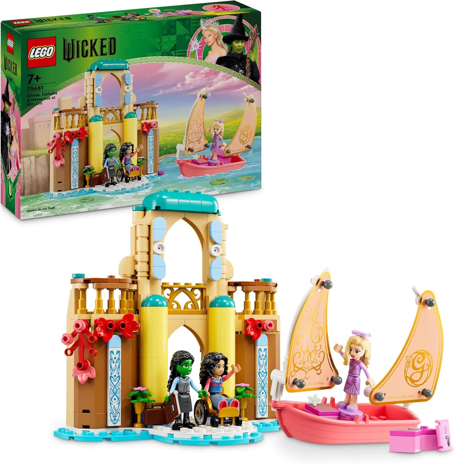 LEGO Wicked Glinda, Elphaba e Nessarose na Shiz University, casa de bonecas com barco veleiro de brinquedo e 3 mini bonecos, presente para meninas e meninos de 7 anos ou mais fãs de musical 75681