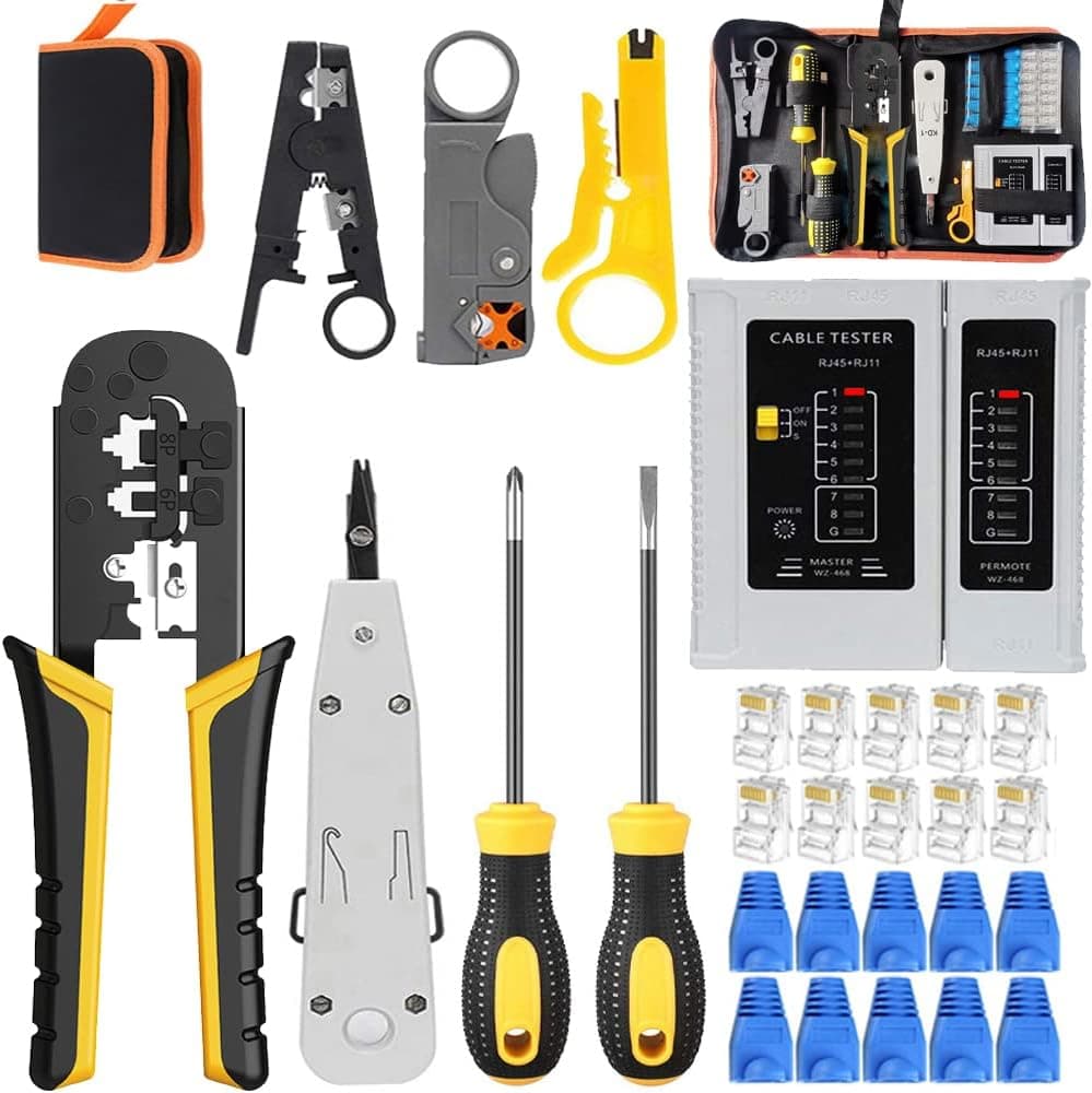 Mailine CAT5 CAT6 - Cirmpatura para cabos de rede, pinça de crimpagem RJ45, ferramentas kit de rede CAT7, pontas profissionais para alicate RJ12 RJ11, cabo Ethernet LAN e testador para conectores