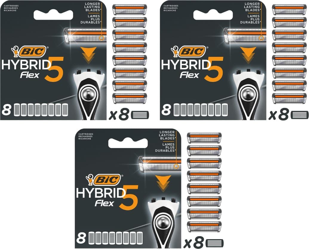 BIC Hybrid 5 Flex lâminas de barbear para homem, embalagem de 8 lâminas de substituição x 3