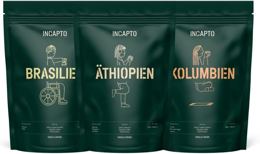 Incapto Pack de café Best Sellers | café em grão natural de especialidade, origens - Colômbia, Brasil e Etiópia, Specialty Coffee 80 pontos SCA, 3 embalagens de 500 g
