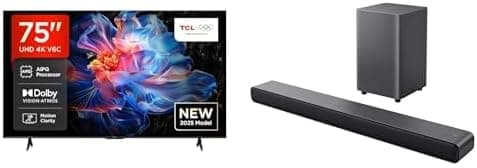 TCL V6C 75 e S55HE | Smart TV 4K 75 polegadas com Google TV e coluna 2.1 Dolby Atmos com subwoofer sem fios