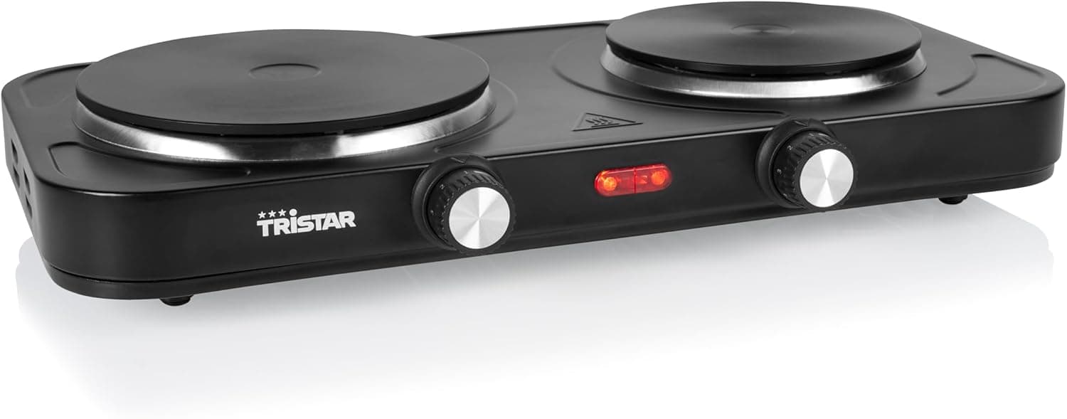 Placa de cozinha alpendre Tristar - queimador duplo - para alojamento de estudantes, campismo, cozinha americana - 15,5 e 18,5 cm de diâmetro - Termostato regulável - 2 500 W - KP-6152