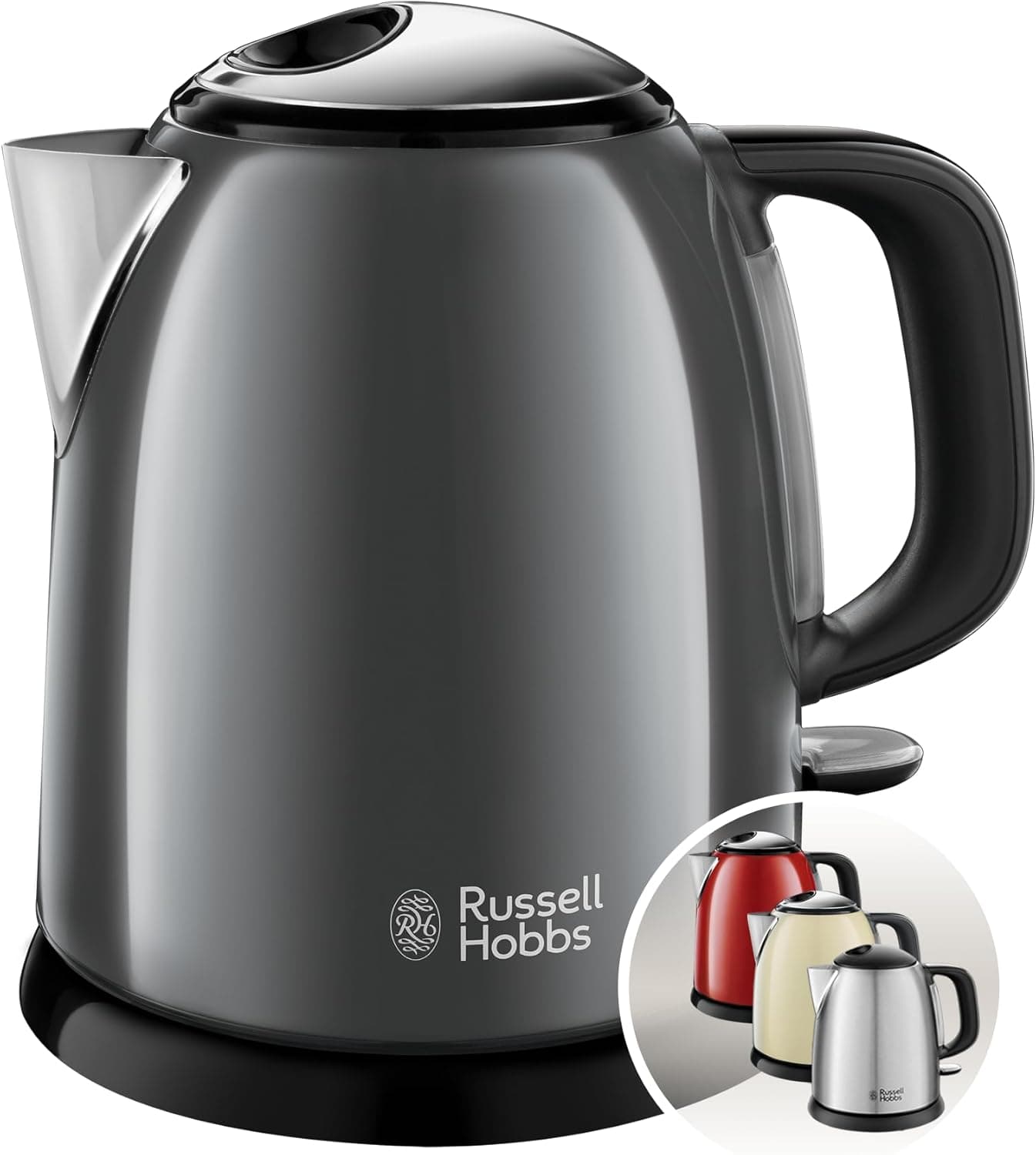 Russell Hobbs Chaleira de água elétrica [1 l, mini, compacta, pequena] Colors cinza (aço inoxidável, zona de ebulição rápida, filtro anticalcário removível, indicador nível de água, 2400 W, cinzento