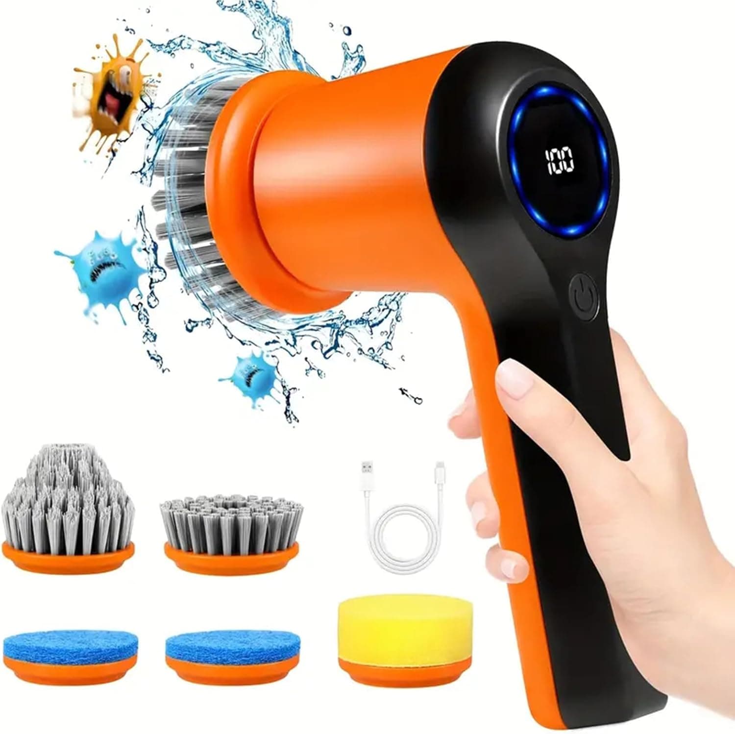 GRUTTI Escova de limpeza elétrica com 5 cabeças de escova, escova elétrica de limpeza sem fio, para casa de banho, cozinha, carro