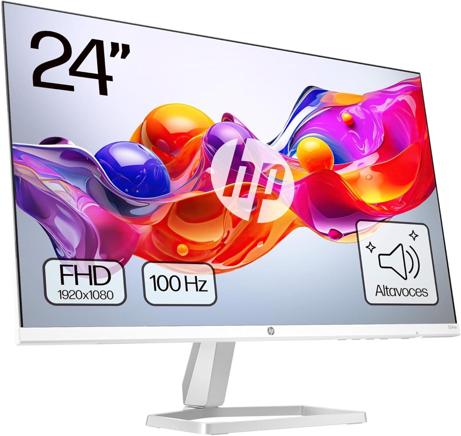 HP 524sa Monitor FHD de 23,8" com altifalantes integrados (1920 x 1080, IPS, 100 Hz, 5 ms, 99% sRGB, 300 Nits, contraste 1500:1) branco com suporte prateado