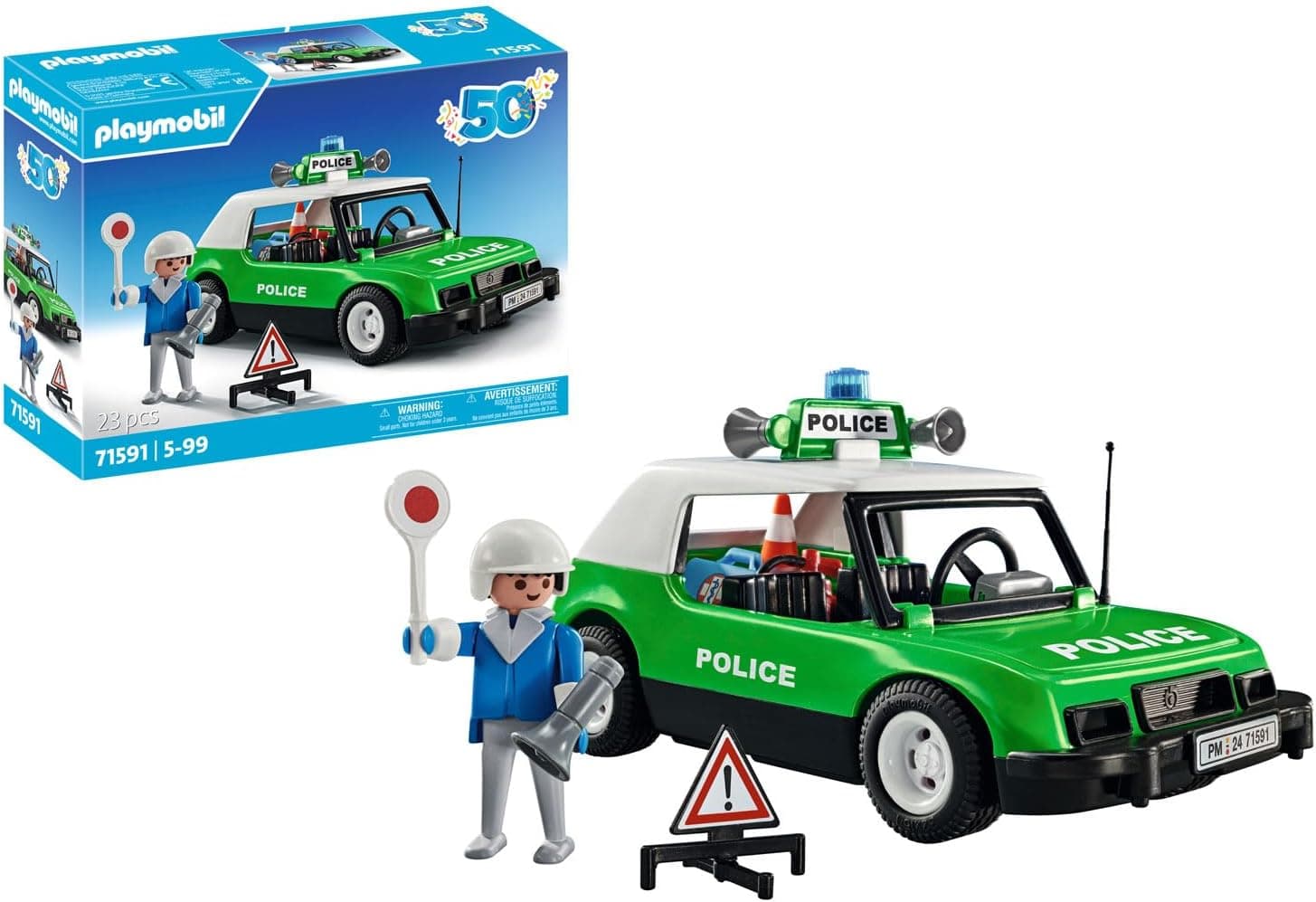 PLAYMOBIL Conjunto de aniversário 71591 carro de polícia clássico, passeios com o icónico carro de polícia retro dos anos 70, carro colecionável brinquedos para crianças a partir de 5 anos