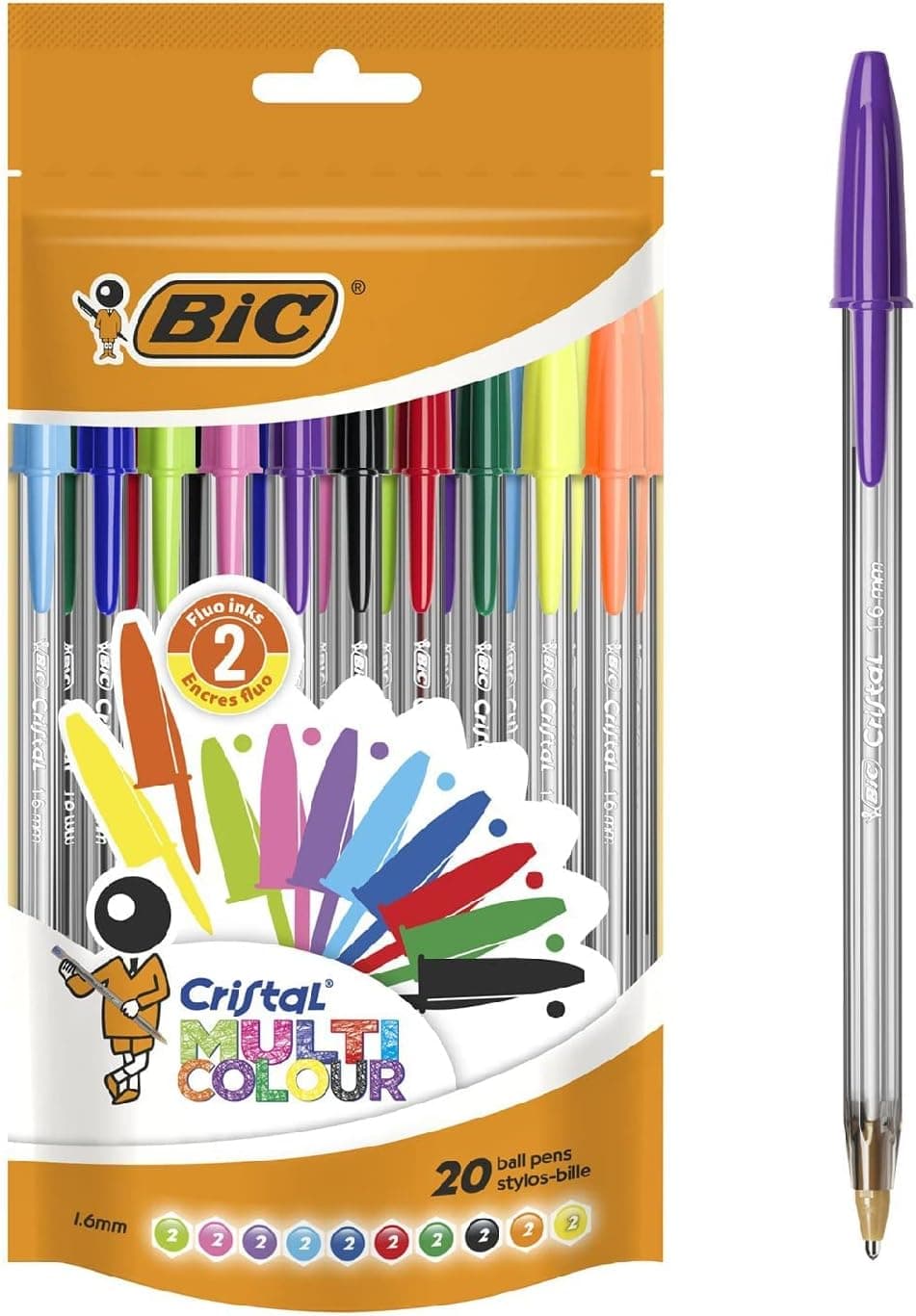 BIC Cristal Multicolour | Caneta esferográfica ponta larga 1,6 mm sortida, pack de 20 unidades