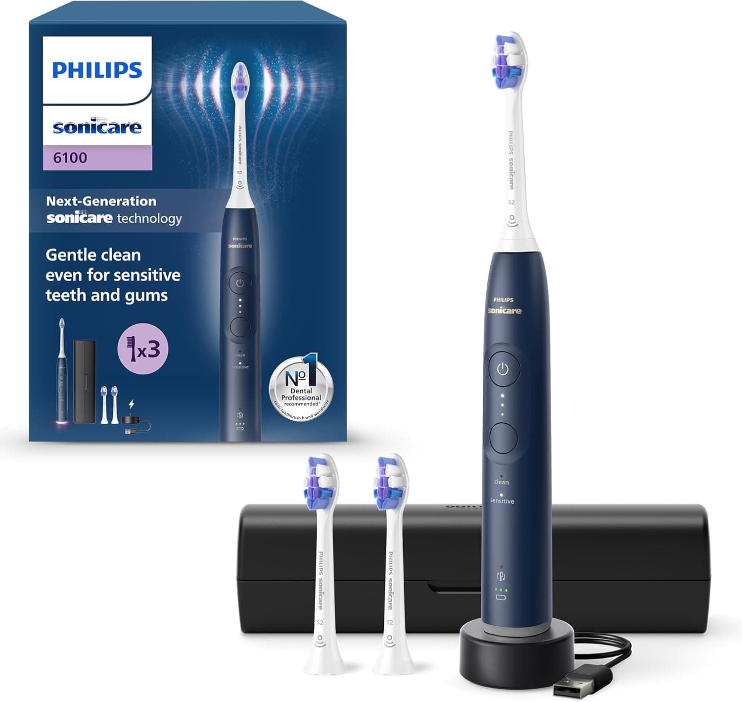 Philips Sonicare 6100 Escova de dentes elétrica, escova de dentes sónica com 2 modos de escovação e 3 níveis de intensidade, alerta de pressão, EasyStart, estojo de viagem, azul-marinho, modelo