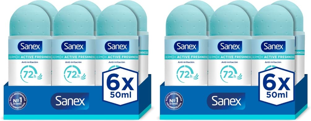 Sanex Dermo+ Active Freshness | Desodorizante roll-on antitranspirante 72 horas sem álcool, 50 ml x 12