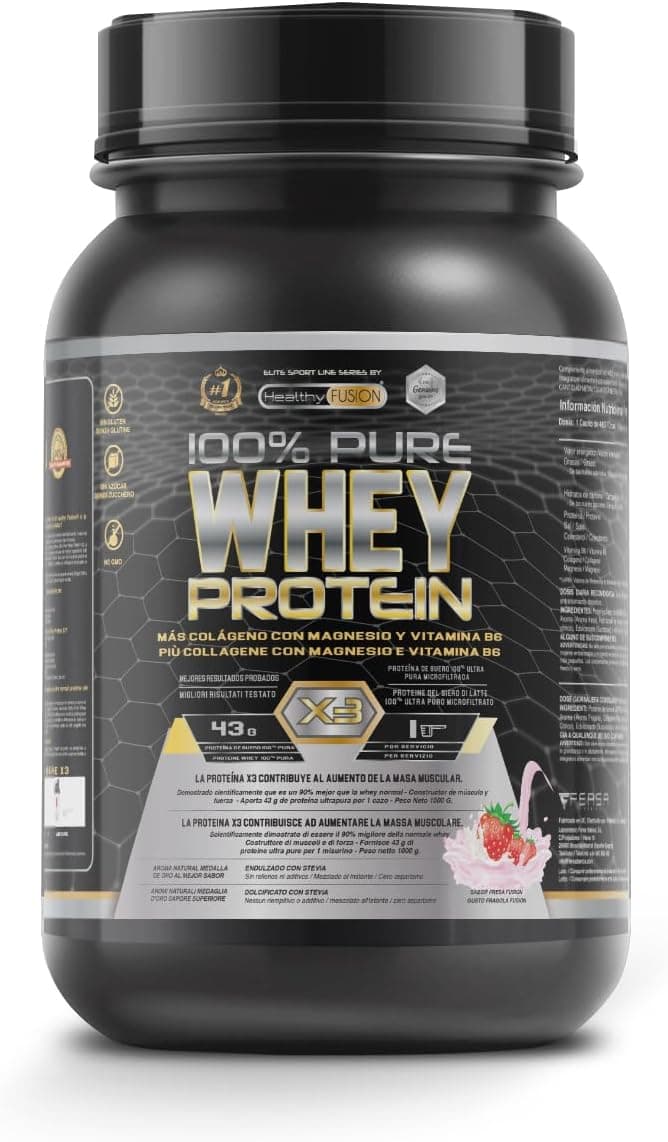 Healthy Fusion Whey Protein Proteína pura com colagénio magnésio | Tonifica e aumenta a massa muscular | Melhore os seus treinos | 1000 g (morango)