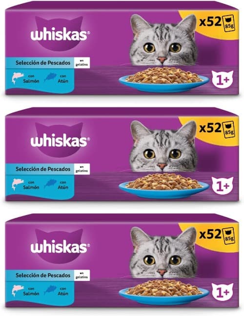 whiskas Comida húmida em gelatina para gatos adultos, seleção de peixes, 85 g x 156