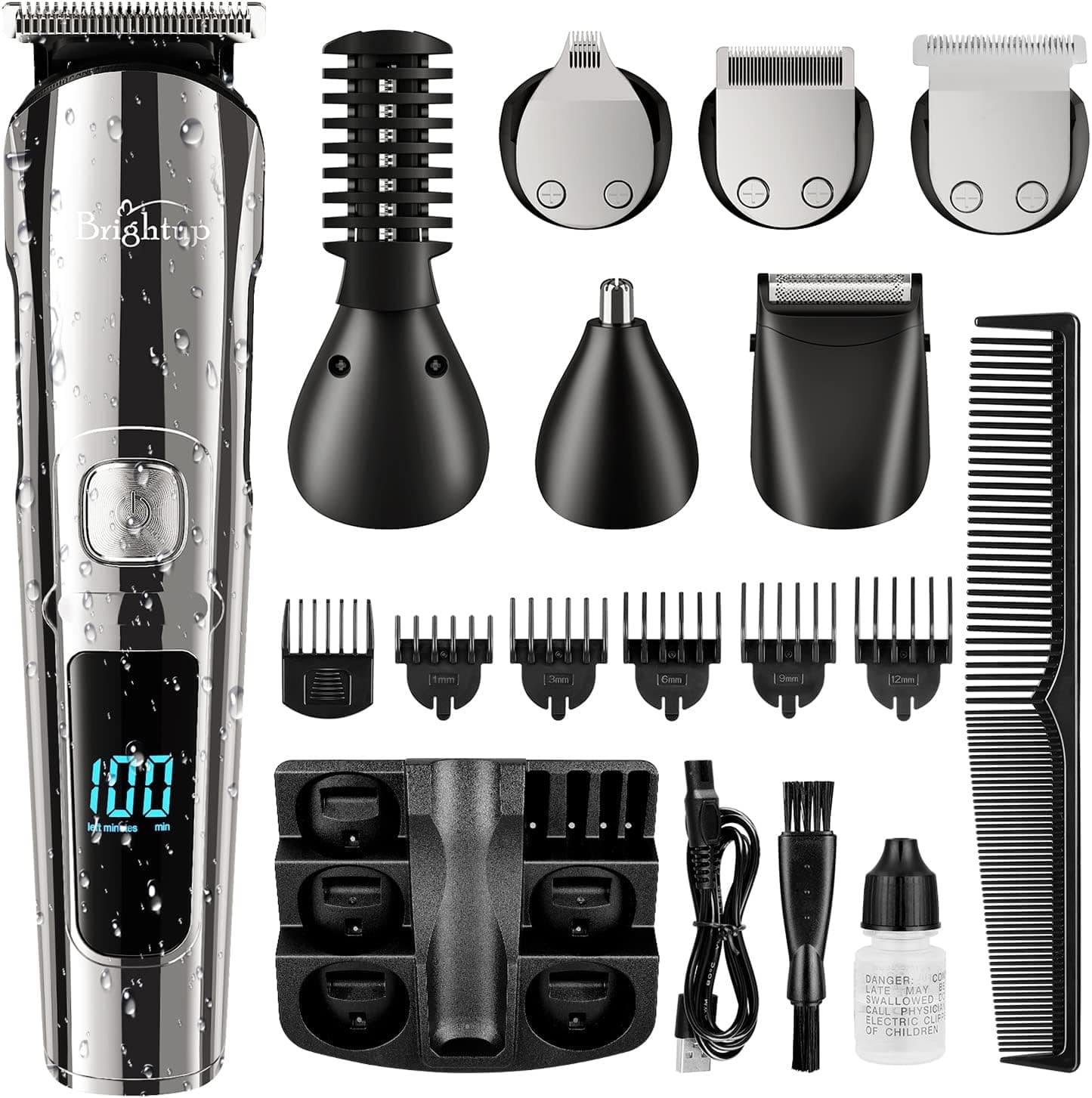 Brightup Aparador de barba, máquina de cortar cabelo, corta-pelos para homem, depiladora corporal para rosto, cabelo, orelhas, nariz e corpo, resistente à água, sem fios, recarregável, FK-8688T, preto