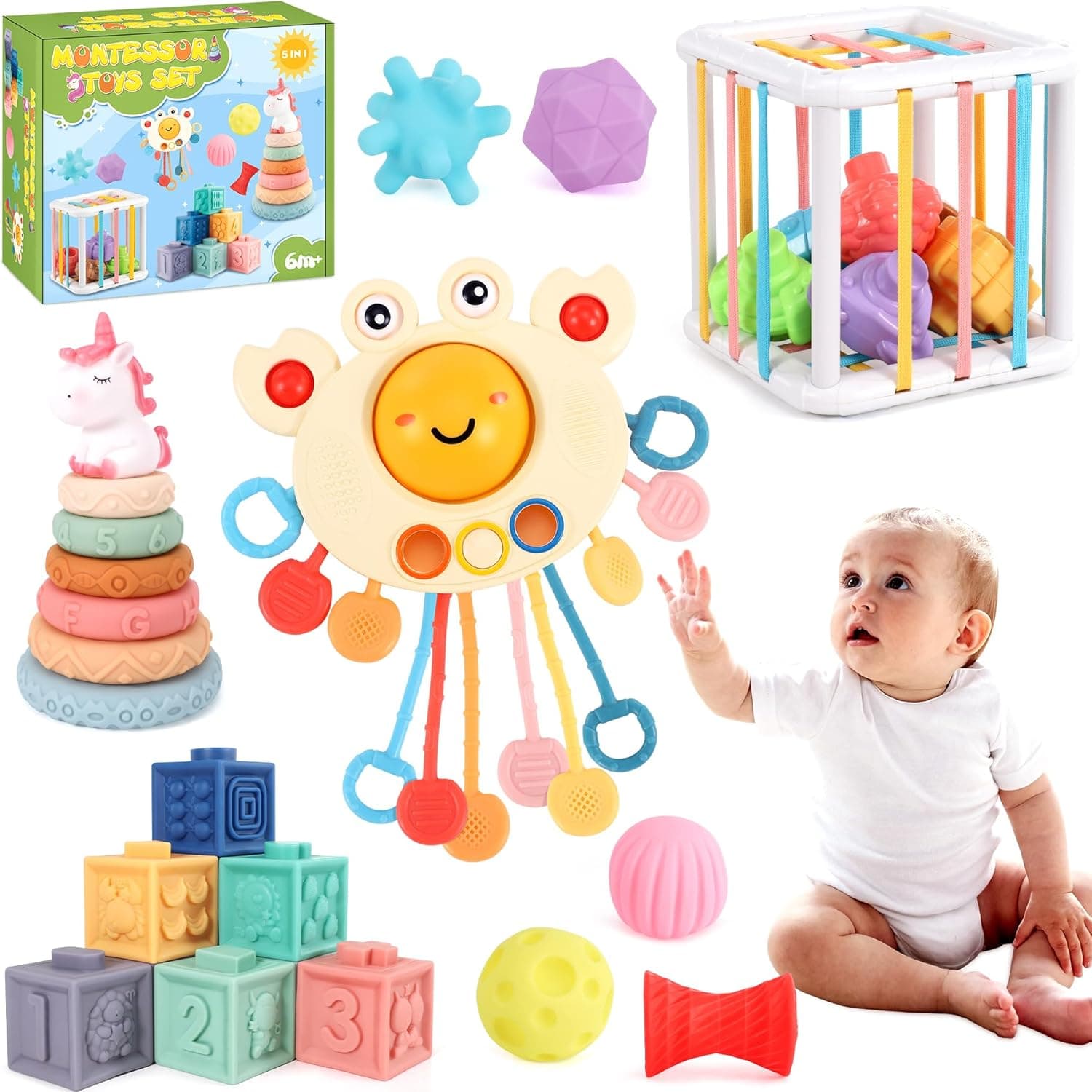 Montessori Brinquedos para bebés 6-12 meses, brinquedos de empilhar e encaixar para bebé