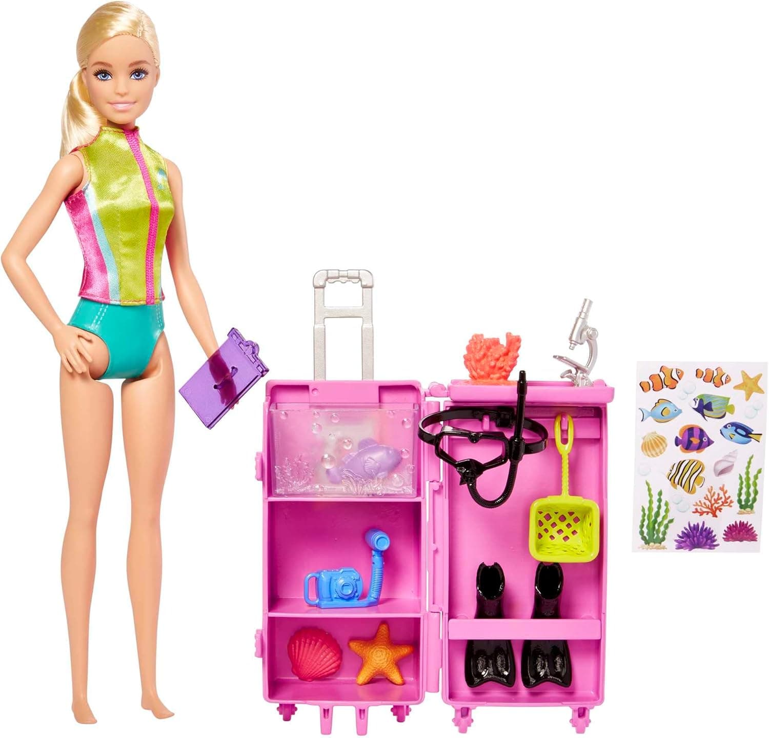 Barbie Pode ser bióloga marinha loira boneca com mala de laboratório, golfinho e acessórios profissionais, brinquedo + 3 anos (Mattel HMH26)