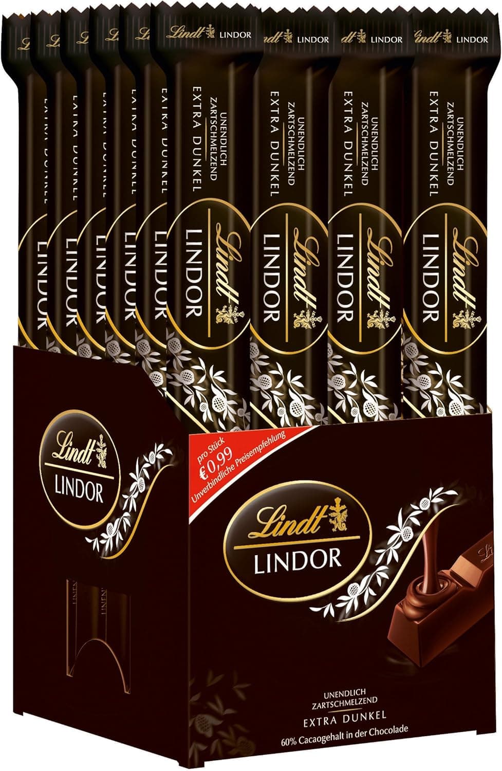 Lindt LINDOR STICK chocolate preto, lanches, Cremosos Sticks de chocolate preto intenso, cacau puro procedente de fontes sustentáveis, 24 barras de 38 g