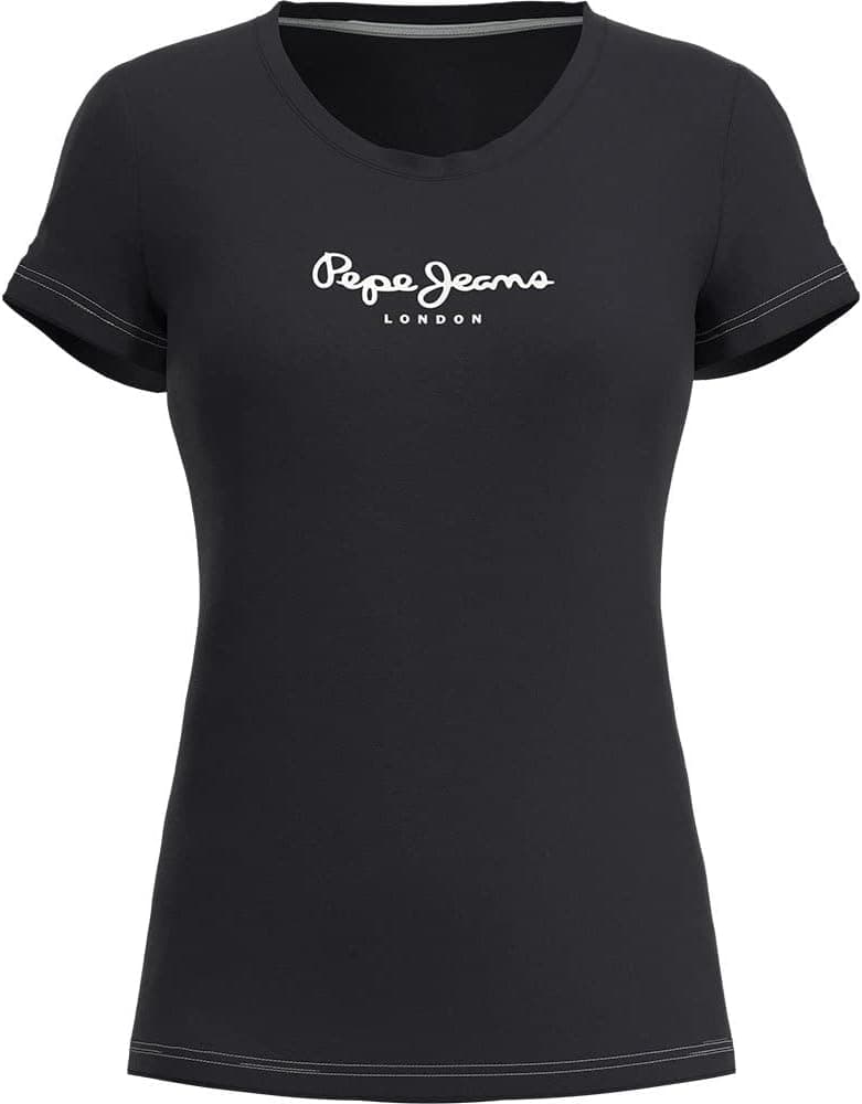 Pepe Jeans New Virginia | T-shirt feminina preta em algodão com corte ajustado e logótipo frontal impresso
