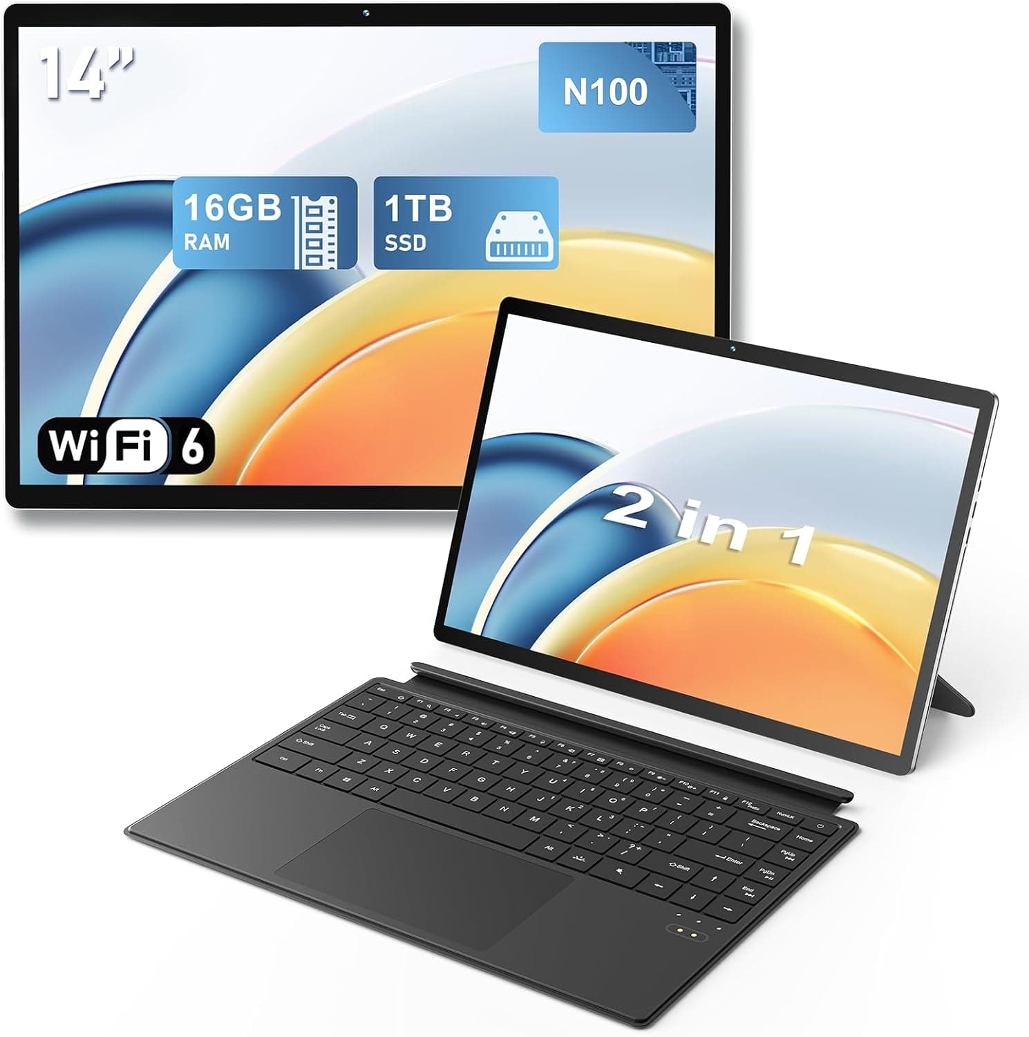 FUNYET 2 in 1 N100 | Portátil 14'' com Windows 11, 16GB RAM, 1TB SSD, leitor de impressões digitais e teclado retroiluminado