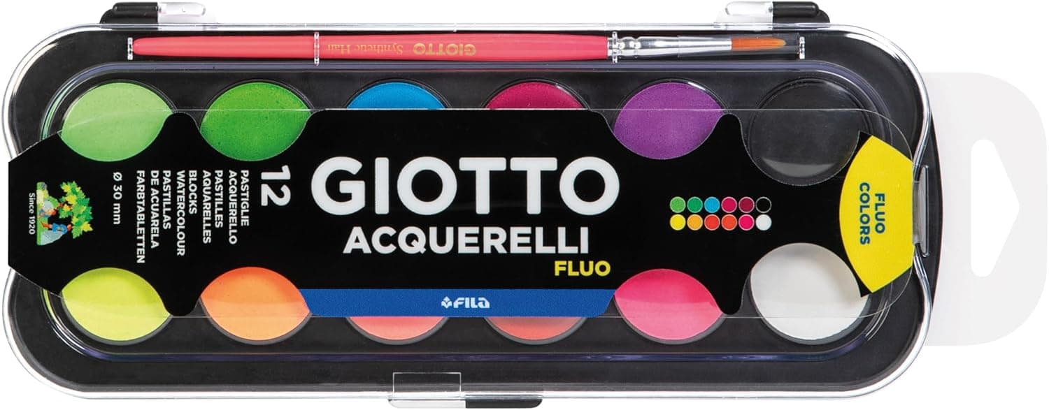 Giotto Aquarela fluo, caixa de plástico reutilizável, cores fluo sortidas, 12 unidades