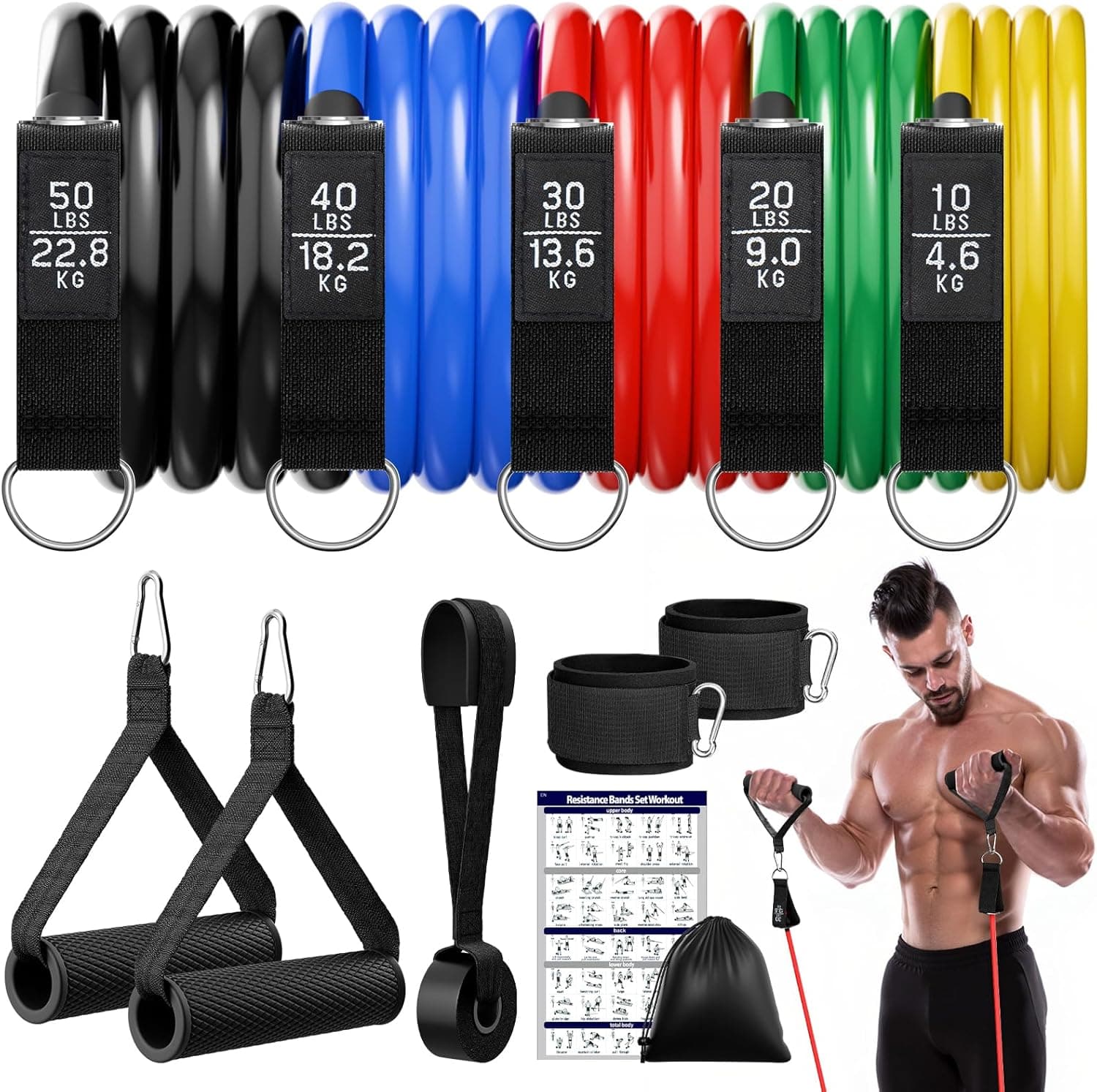 Fokky | Conjunto de 5 bandas elásticas de resistência com pegas, tornozeleira e âncora de porta para treino de força