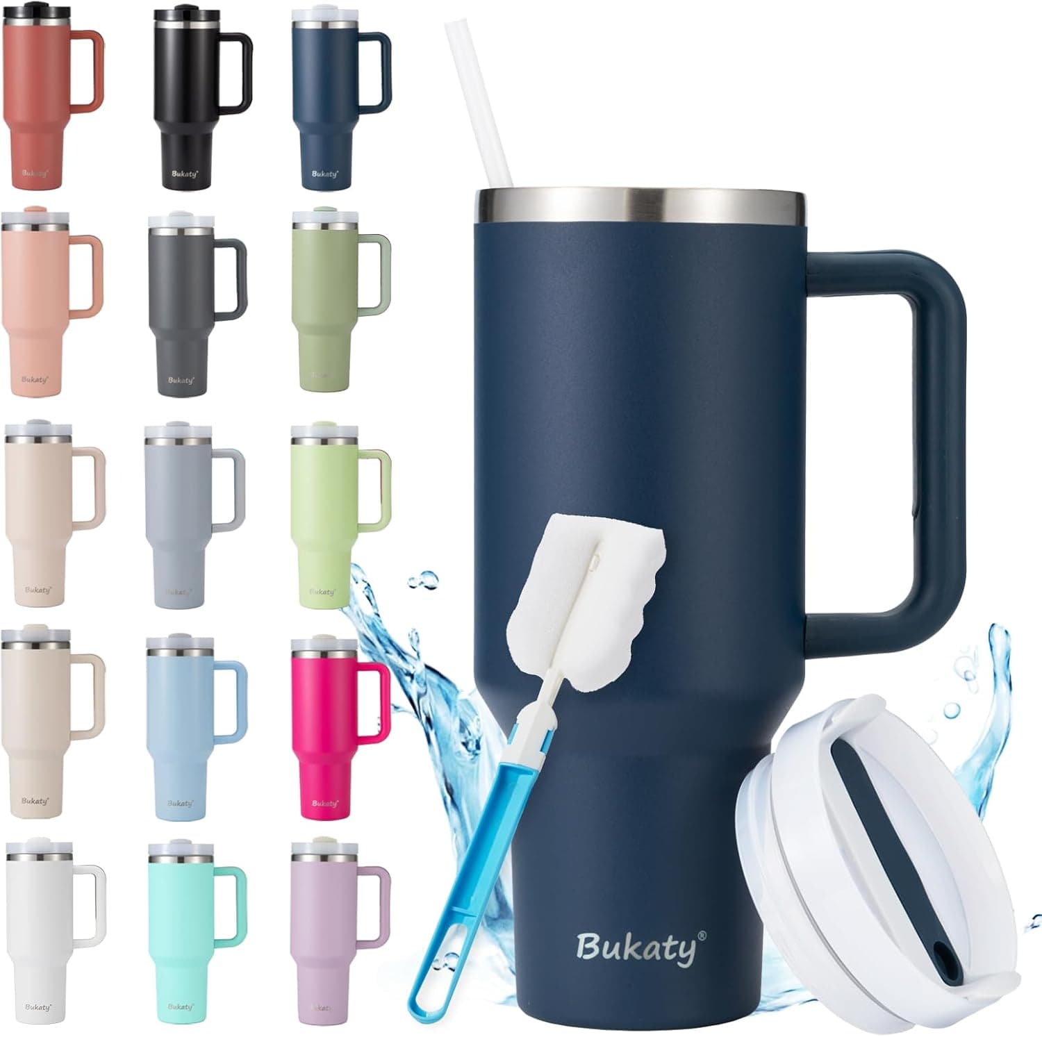 Bukaty Caneca térmica com palhinha, tampa e alça, aço inoxidável de parede dupla, para bebidas quentes e frias, 1180ml