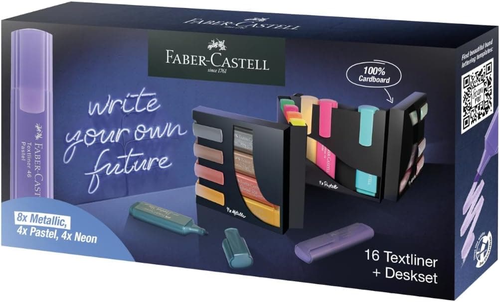 Faber-Castell 254603 Conjunto de 16 sublinhadores num elegante organizador de secretária, destacadores pastel, metais e néon com ponta chanfrada de precisão, design plano ergonómico