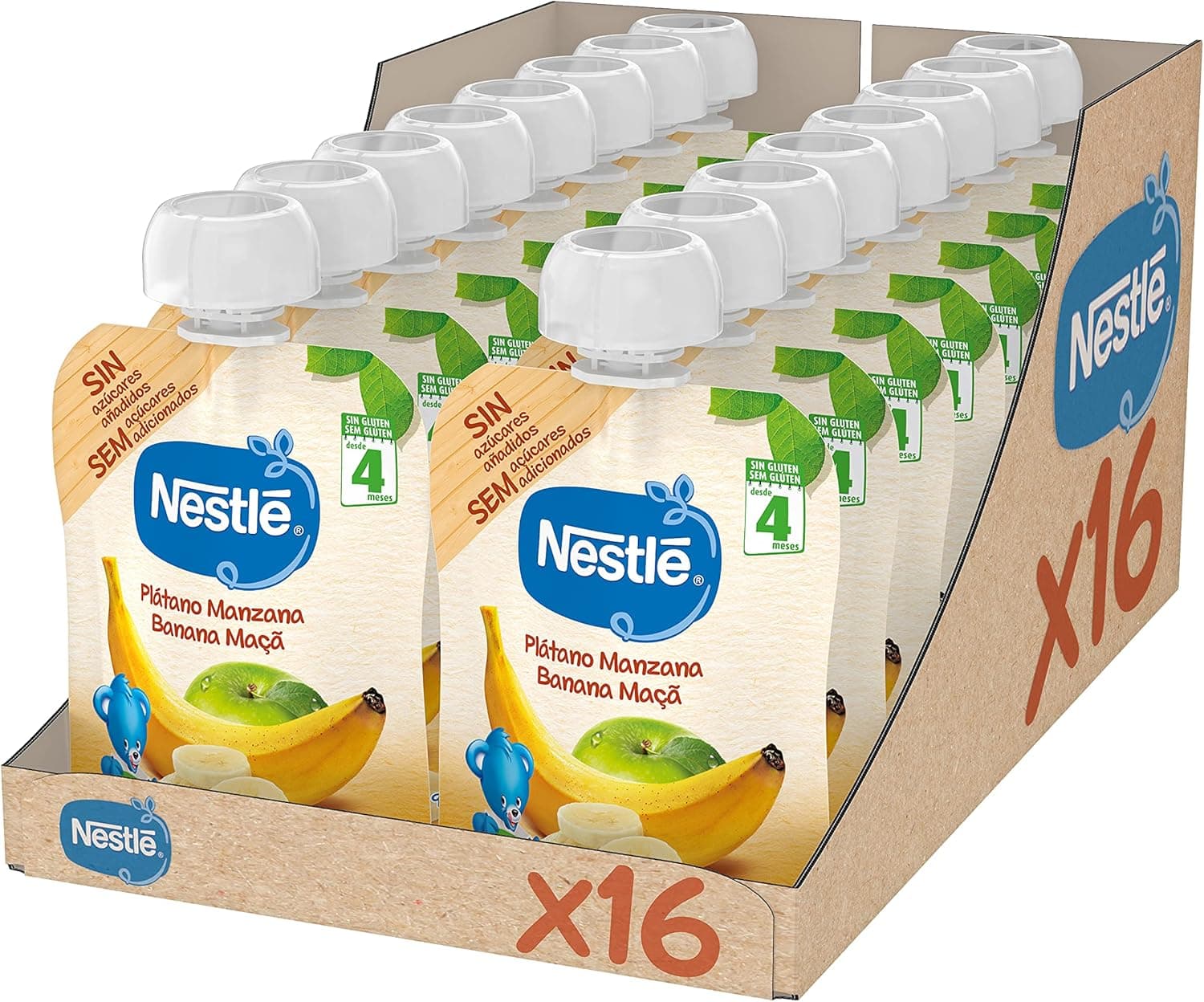 Nestlé iogolino Bolsa de puré de frutas, variedade banana e maçã - Para bebés a partir de 4 meses, 90 g x 16