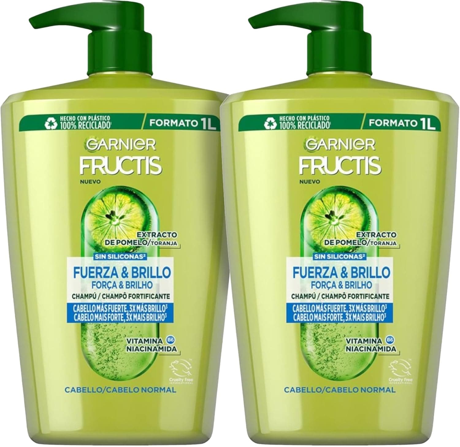 Garnier Fructis Shampoo força e brilho XXL com vitamina B6, niacinamida e extrato de toranja para um cabelo mais forte e brilhante, 2 x 1000 ml