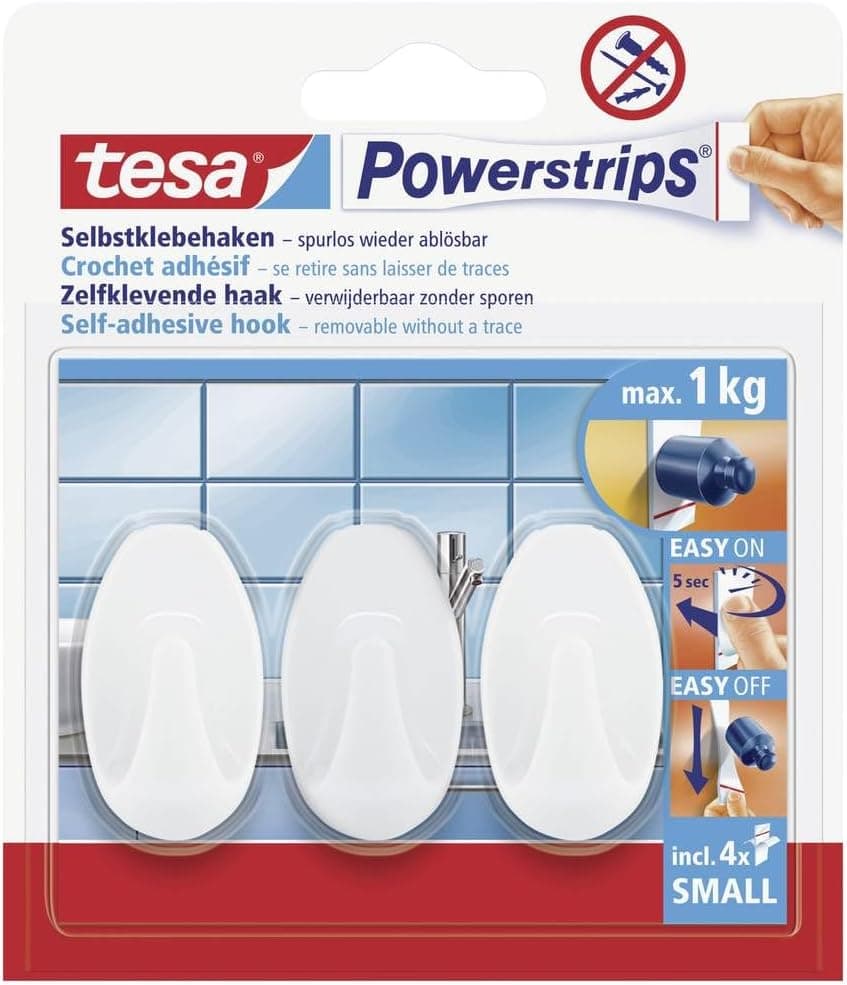tesa Powerstrips Ganchos pequenos ovais, gancho autocolante removível para vidro, azulejos, madeira, plástico e outras superfícies, impermeável, branco, suporta até 1 kg