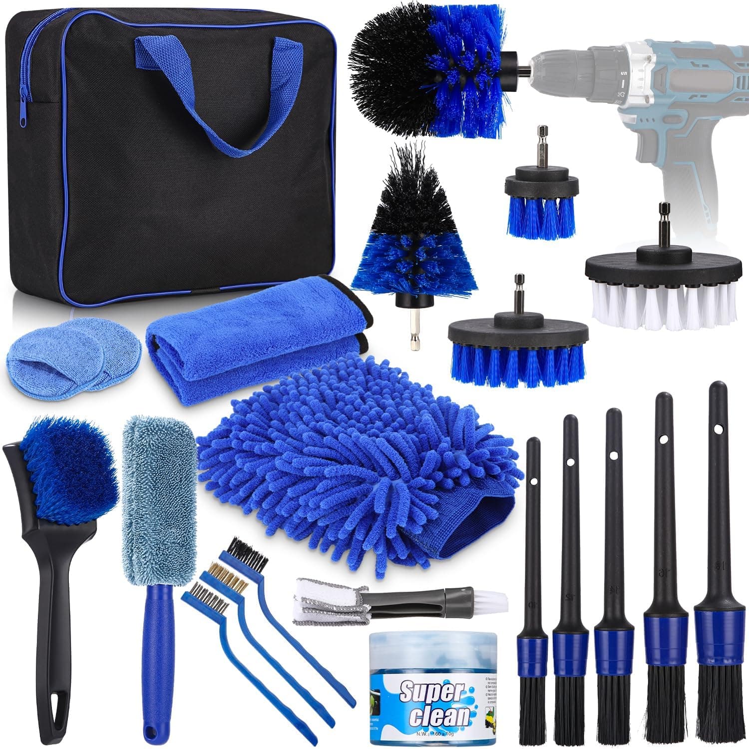 SinLaw Kit limpeza de carro 30 peças | Conjunto completo com escovas, panos e bolsa de transporte para interior e exterior
