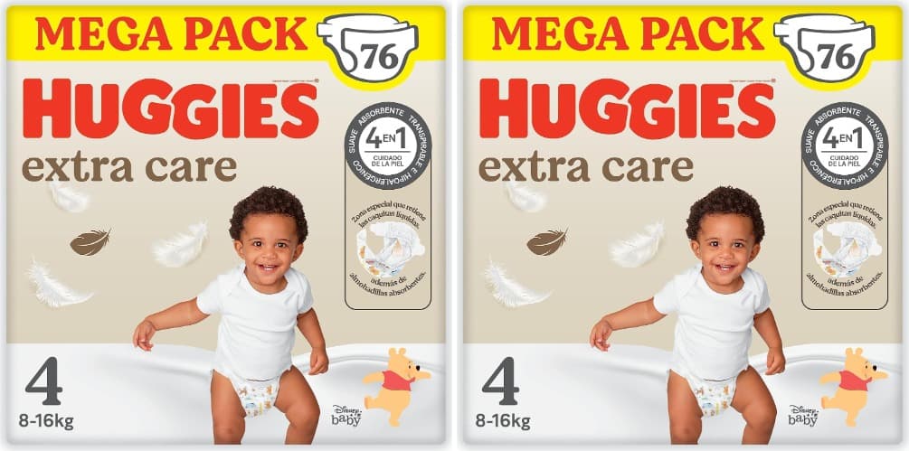 Huggies Extra Care | Fraldas descartáveis Disney para bebé T4 8-14 kg, 76 unidades com almofadas extra suaves