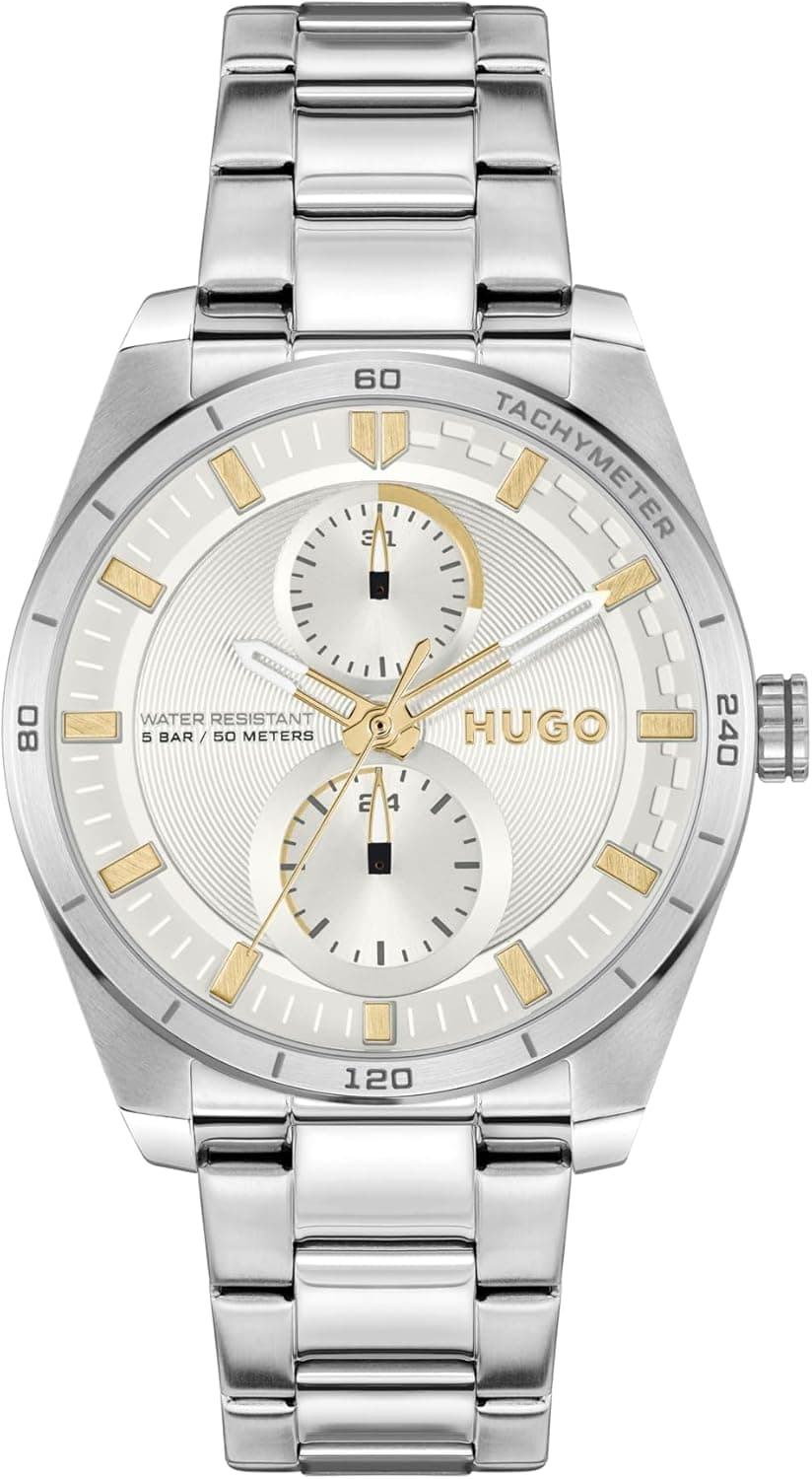HUGO Fast For Her | Relógio analógico multifunções para mulher com bracelete em aço inoxidável prateado