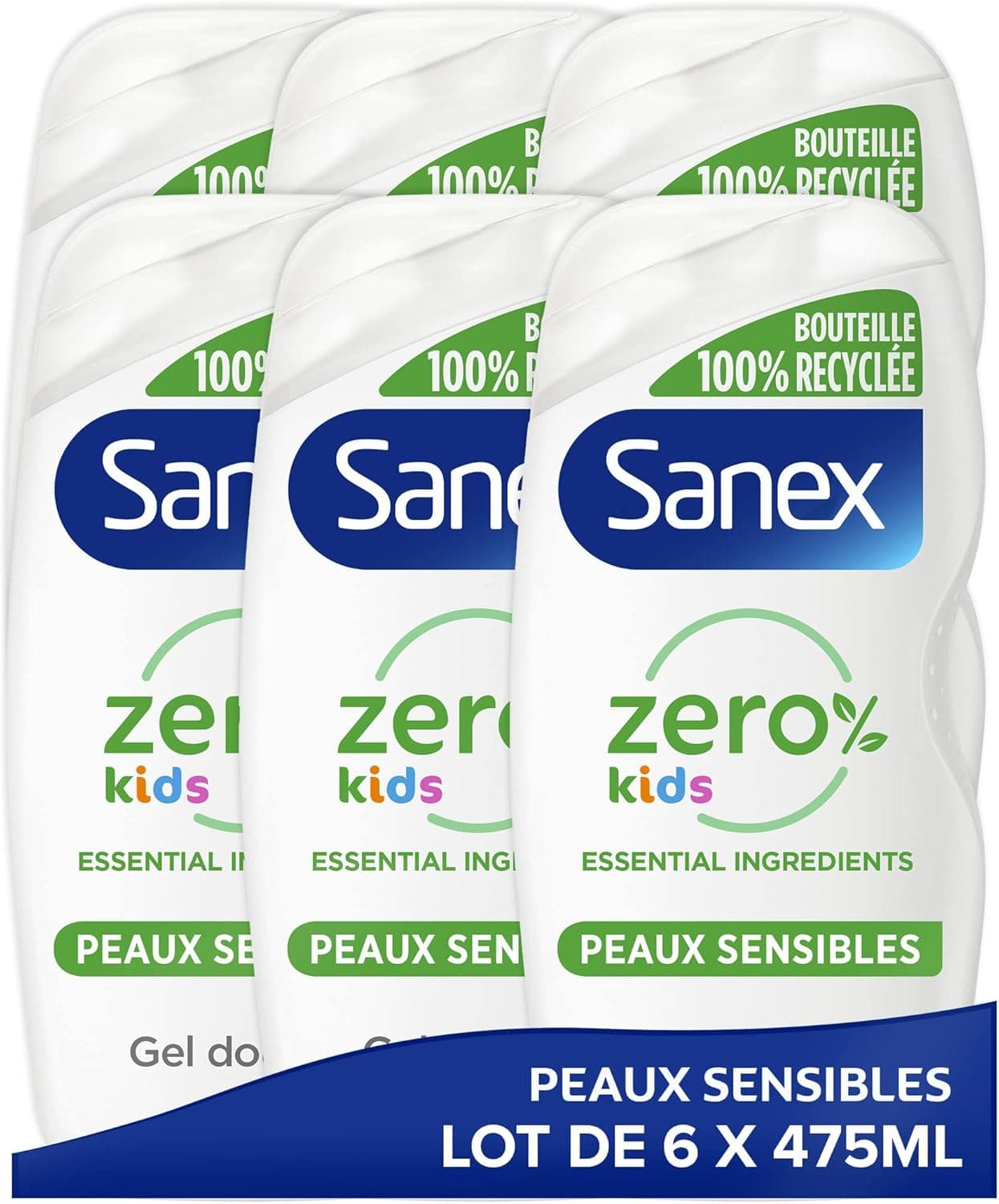 SANEX Gel de banho zero % Kids gel de banho infantil – corpo e cabelo, biodegradável e vegano, 475 ml, conjunto de 6
