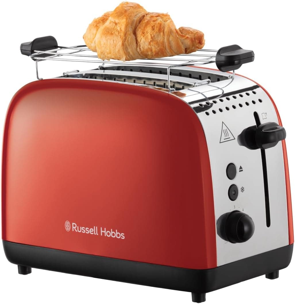 Russell Hobbs Torradeira Colours Plus, 2 ranhuras curtas e largas, torradeira para 2 fatias, bandeja de recolha de migas, quentes, função de cancelar e descongelar, aço inoxidável, vermelho, 26554-56