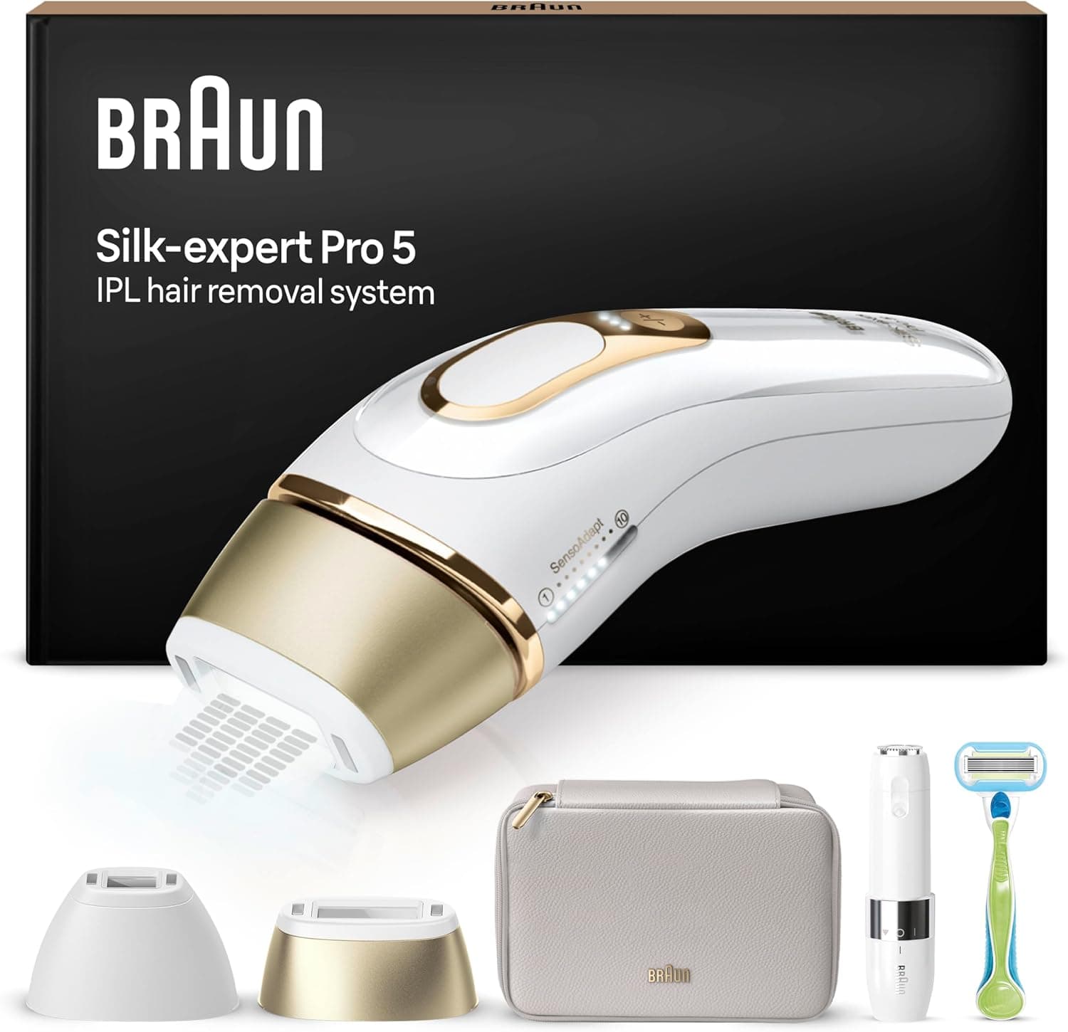 Braun Luz de pulso Silk-expert Pro 5 eliminação de pêlos em casa, alternativa à remoção a laser, máquina de depilação IPL com capa, máquina Vénus, 2 cabeças, mini máquina facial branca / dourada