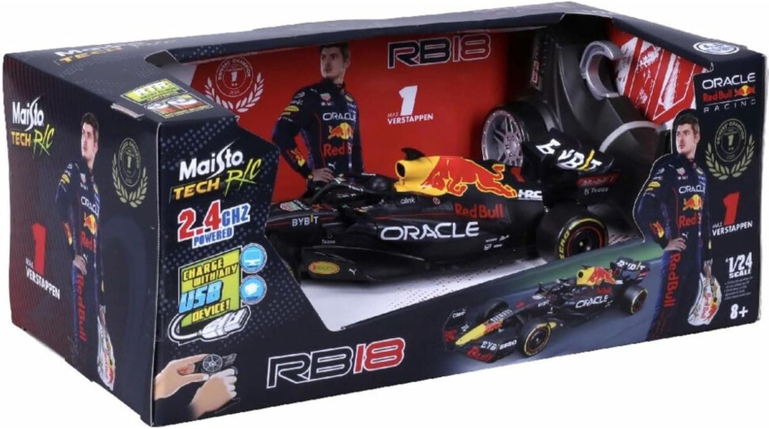 Maisto Tech RC Carro telecomandado corrida fórmula 1 2022 Oracle Red Bull Racing RB18, licença oficial, escala 1/24, alta velocidade, 2,4 GH.z, USB, carros com controlo remoto, Max Verstappen (78022)