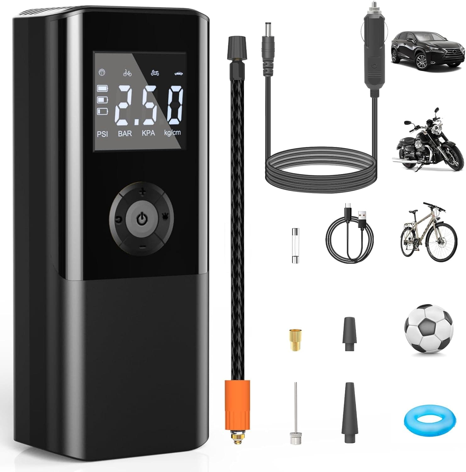 AOKBON Compressor de ar portátil 150 PSI compressor de ar carro com bateria recarregável de 6000 mAh luz LED e banco de energia mini compressor de ar portátil para carro bicicleta moto bola