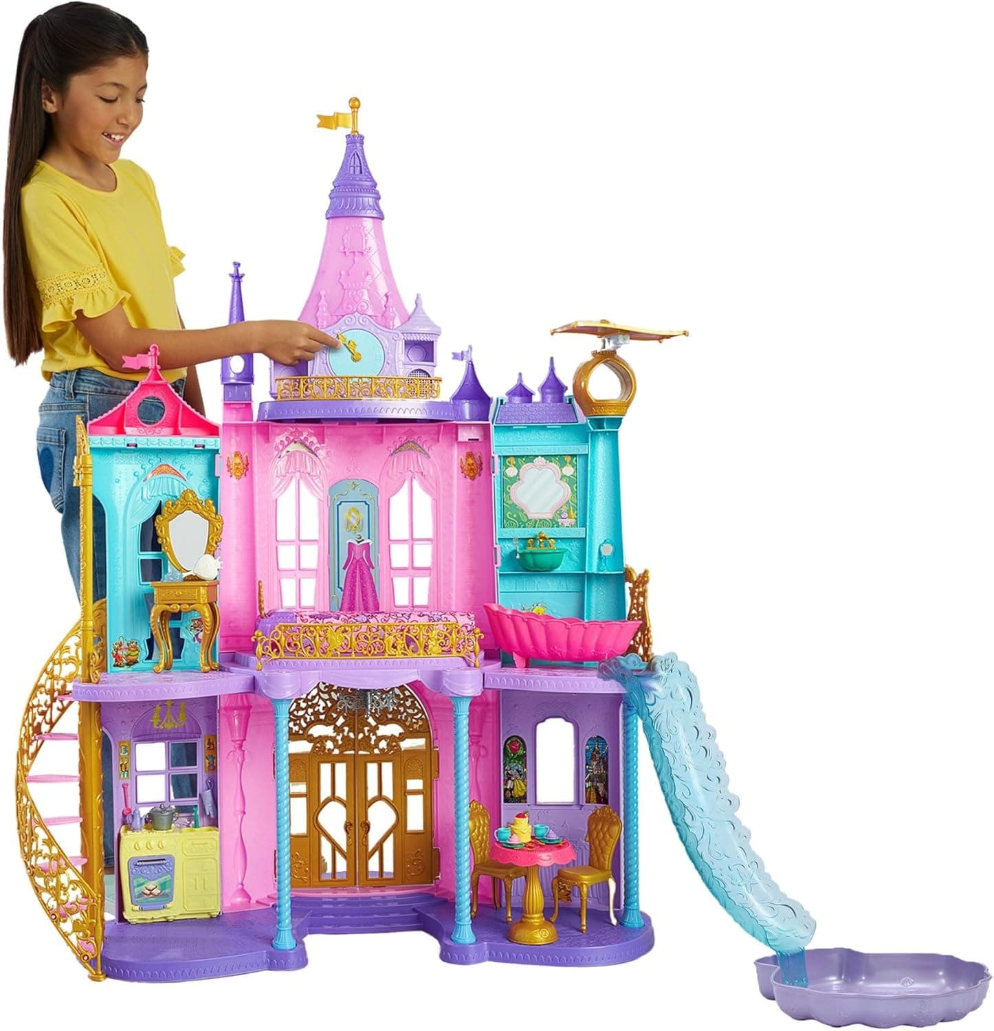 Mattel Disney Princess Castelo aventuras reais casa de bonecas para princesas com dois andares, móveis e acessórios, com luzes e sons, brinquedo + 3 anos (HLW29)