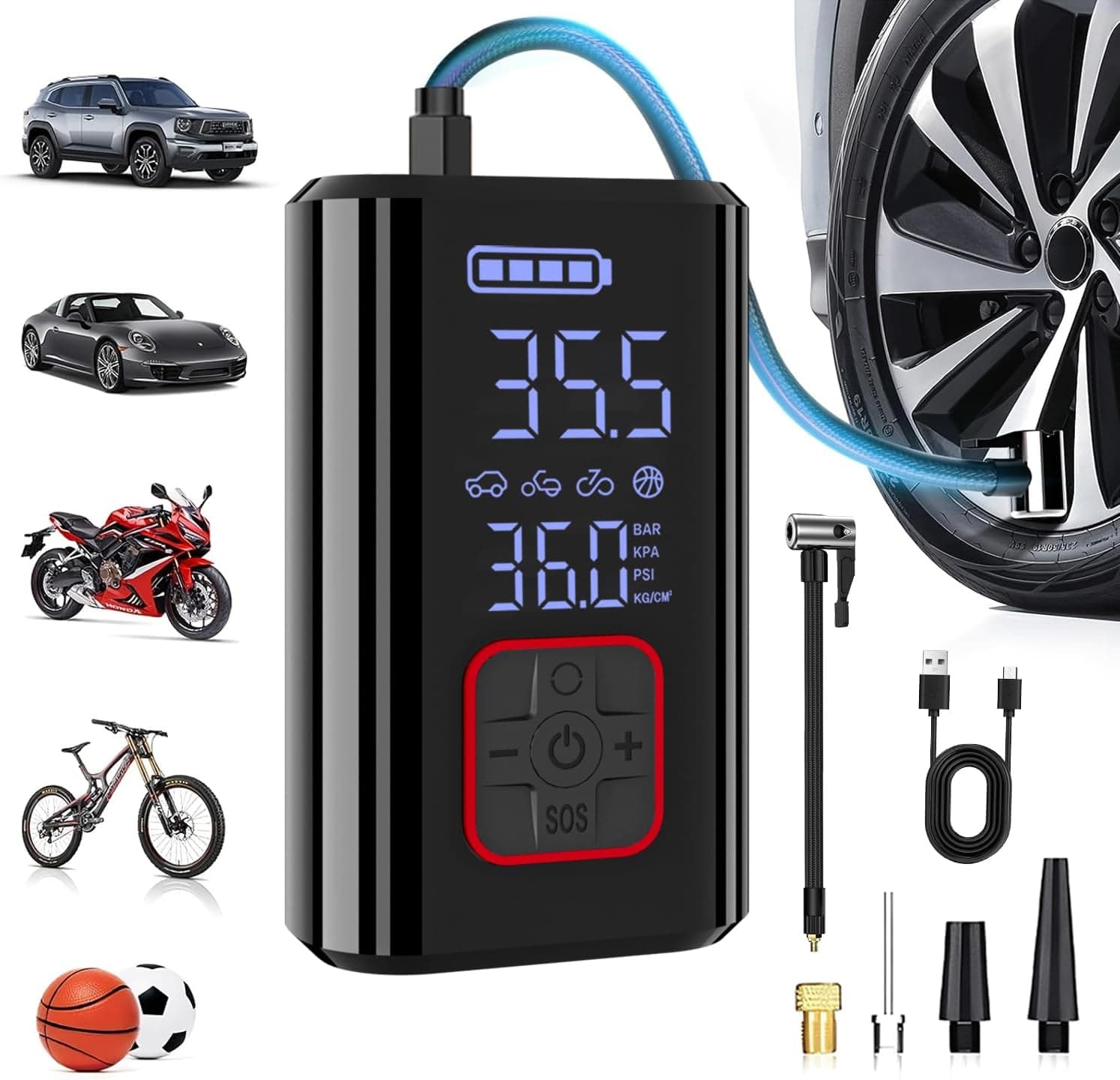 SERVOMASTER Compressor de ar portátil, mini compressor de ar carro com ecrã LCD digital, insuflador elétrico, insuflador de rodas para carro, motociclo, bicicleta, bola