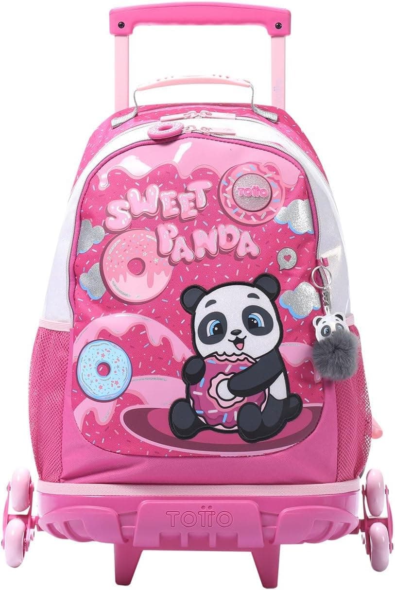 TOTTO - Mochila escolar com rodas, modelo Sweet Panda L, mochila grande, capacidade de 25 l, 2 compartimentos, 2 bolsos, proteção em base, sistema de 3 rodas, alças ajustáveis, cor rosa, ROSA