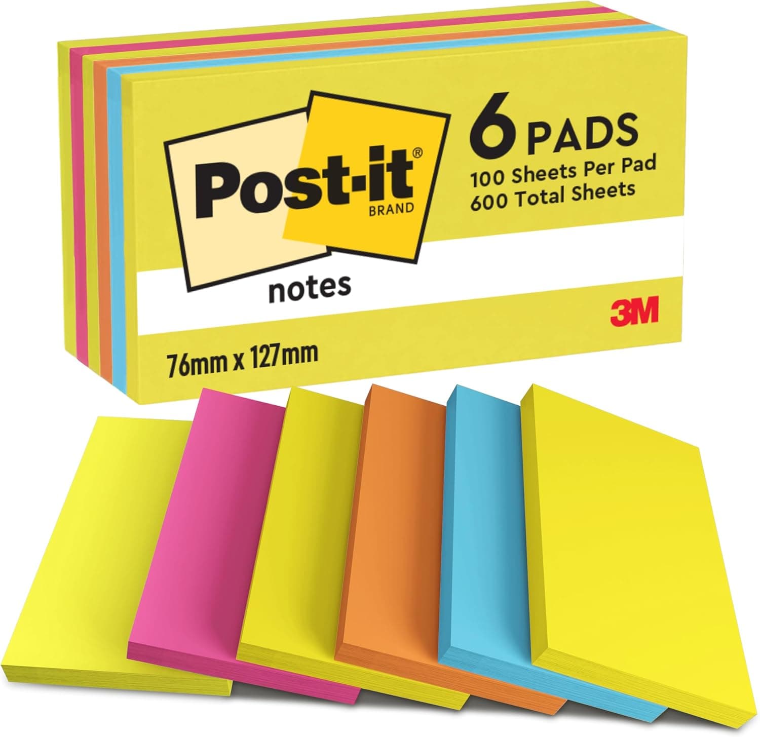 Post-it Energetic Color | Conjunto de 6 blocos de notas adesivas em cores sortidas, 100 folhas por bloco, 76 x 127 mm