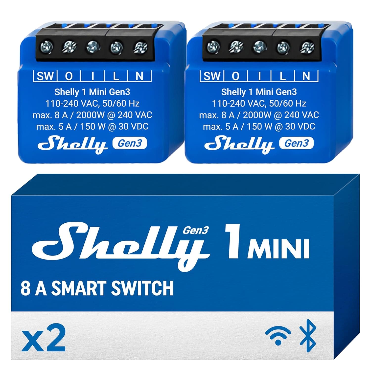 Shelly 1 mini Gen3, relé interruptor sem fios com contactos secos, Wi-Fi e Bluetooth, 1 canal, 8 A, controlo remoto de luzes, Alexa e Google Home, app iOS Android, não requer hub (pacote de 2)