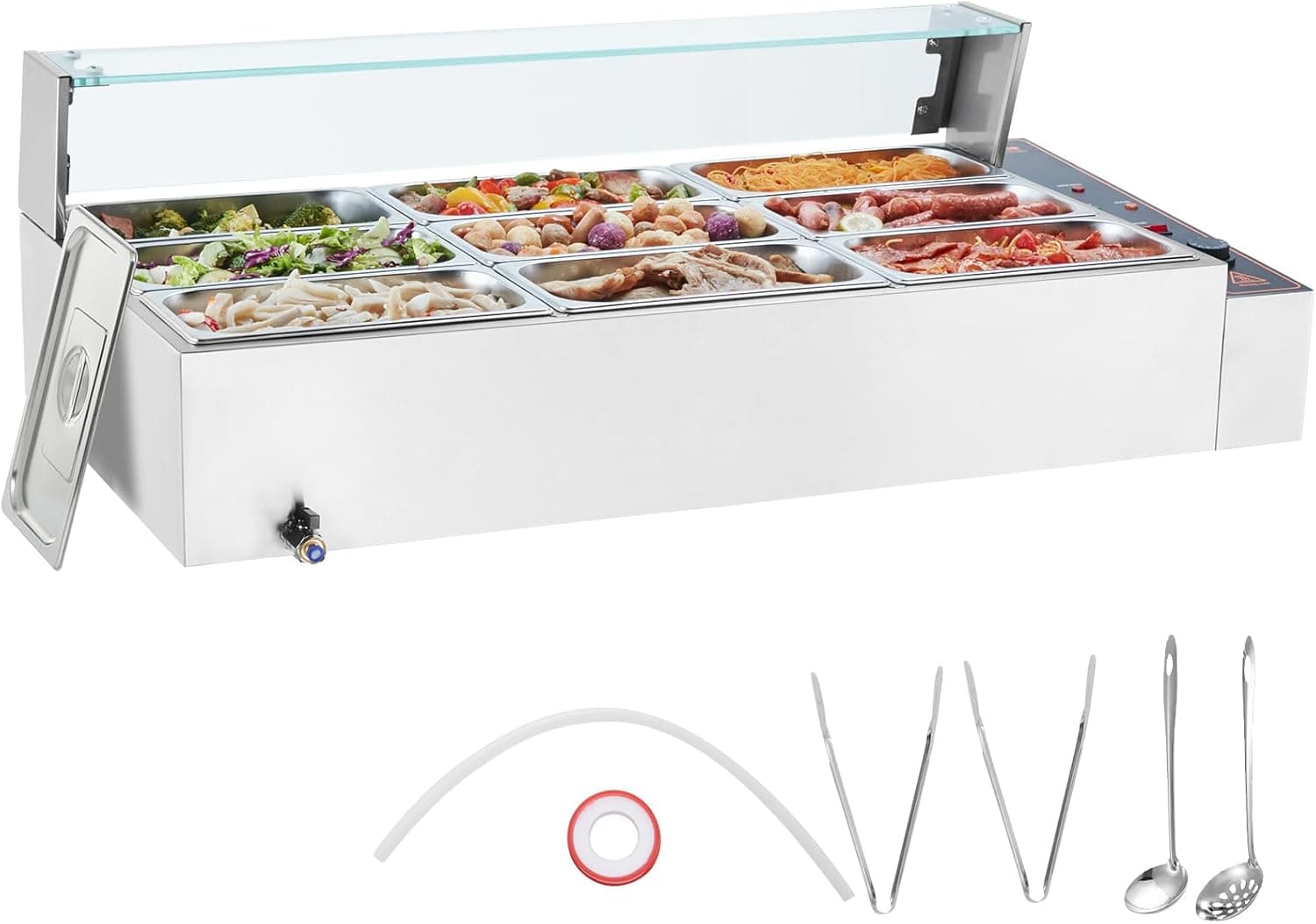 VEVOR Aquecedor de alimentos comercial, 9 frigideiras, 9 x 5 qt, cobertura de vidro, 1500 W, bancada em aço inoxidável, temperatura de 86-185 °F para atering, restaurantes, prata, 1113 x 610 x 382 mm