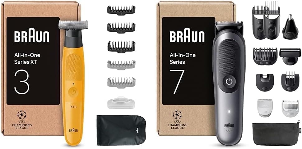 Braun Series XT3 XT3205 e AIO7545: Máquina de barbear elétrica "tudo em um" com 19 acessórios, resistente à água, autonomia de 120/45 min, máquina de cortar cabelo para homem, Flex 4D, SkinGuard, AquaGrip, amarelo e cinzento
